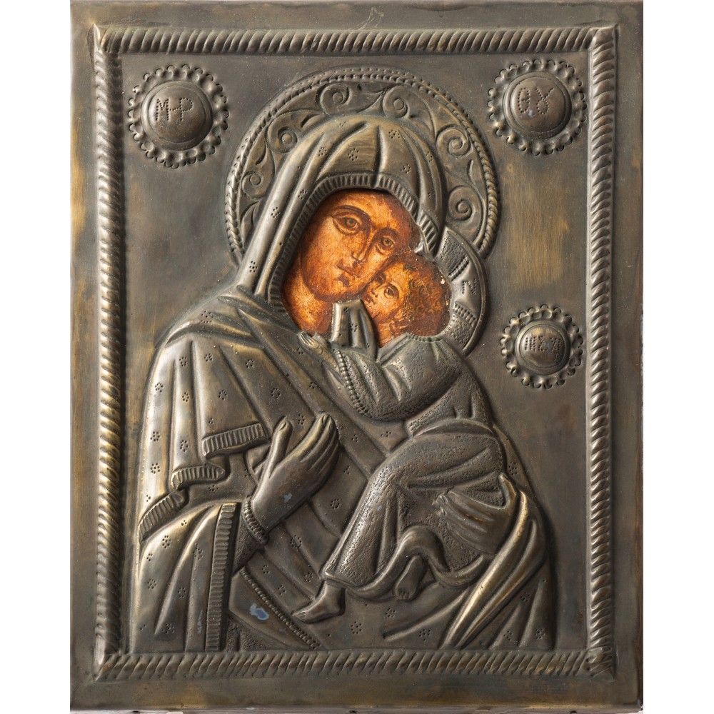 ICONA ICON avec riza en argent représentant la Vierge à l'Enfant. 
Europe de l'E&hellip;
