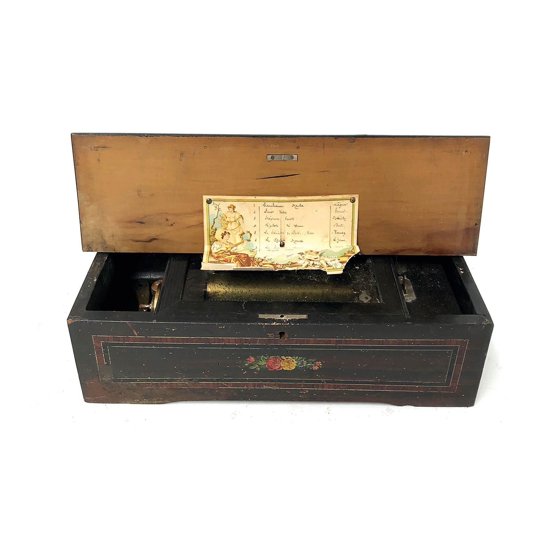 Unrestored Swiss 8 Tune Cylinder Music Box 未经修复的瑞士8调50音的圆筒音乐盒，有原始的曲谱。有几个齿被打破了。箱子&hellip;