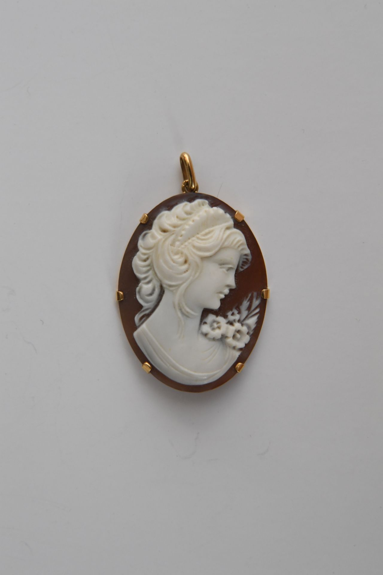 Null Cameo on shell circled in gold 750°°°. Gross weight: 7.5 grams.