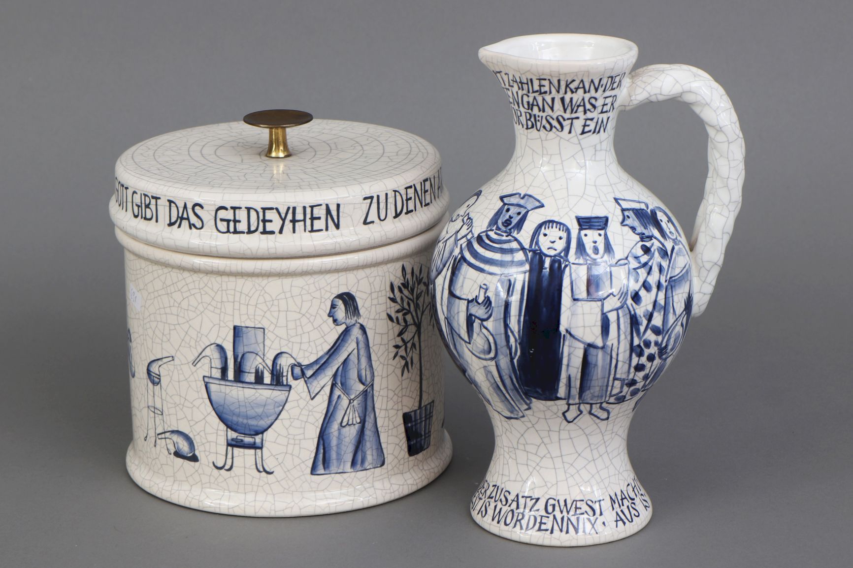 2 ANTON HERR Apothekergefäße 2 ANTON HERR apothecary jars, 1 jug with proverb ¨W&hellip;