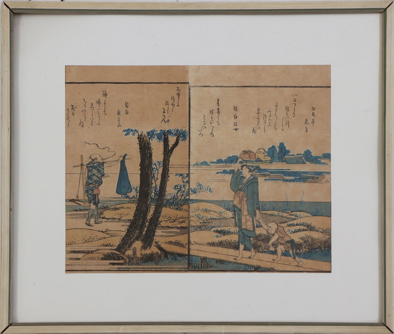 Null 可能是北斋(1760-1849)的彩色木刻 "Uferlandschaft"，2页书的插图，有渔夫和母亲与孩子的海岸风景，有日文题字，22x29cm(&hellip;