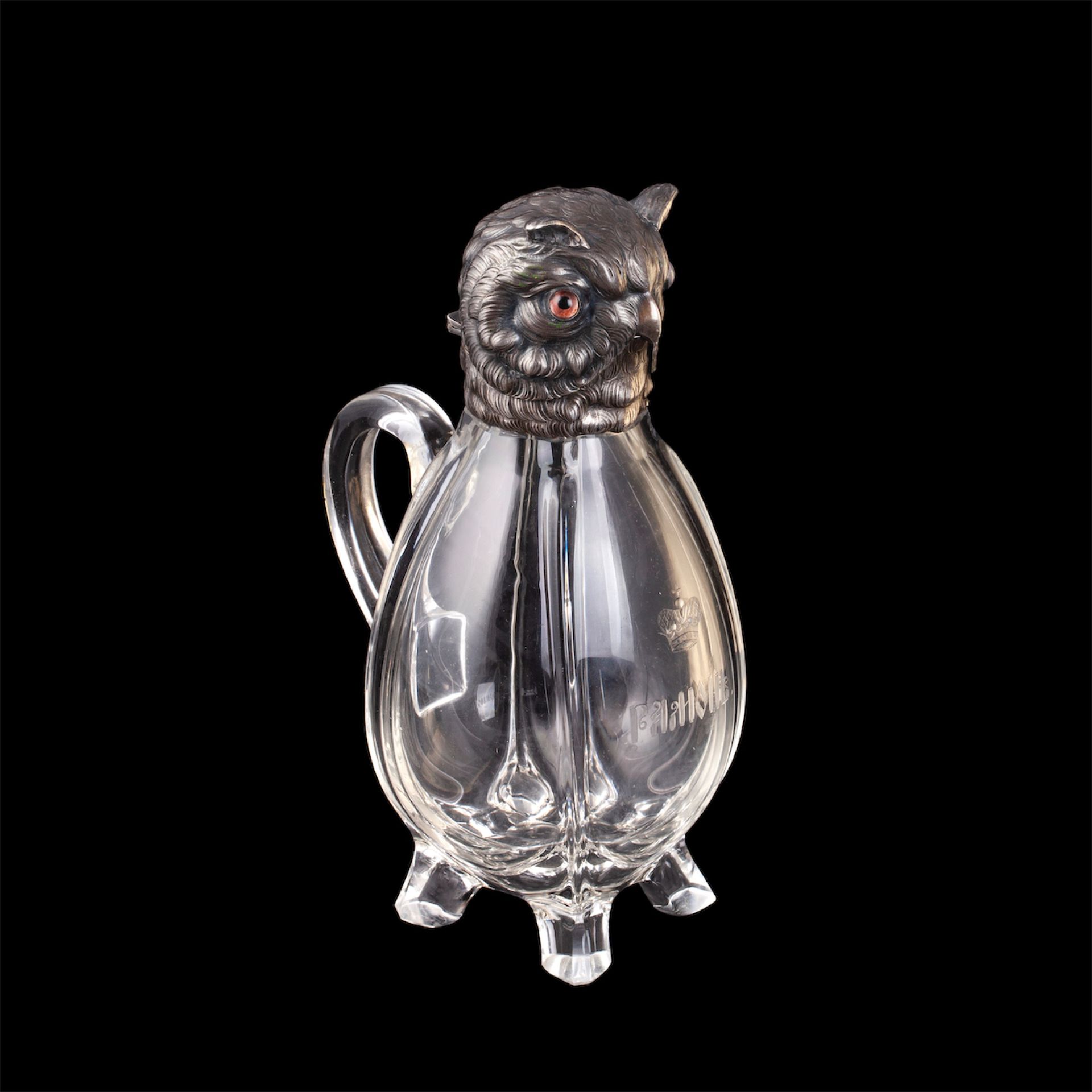 Null A Russian commemorative silver-gilt and crystal decanter with cast owl head&hellip;