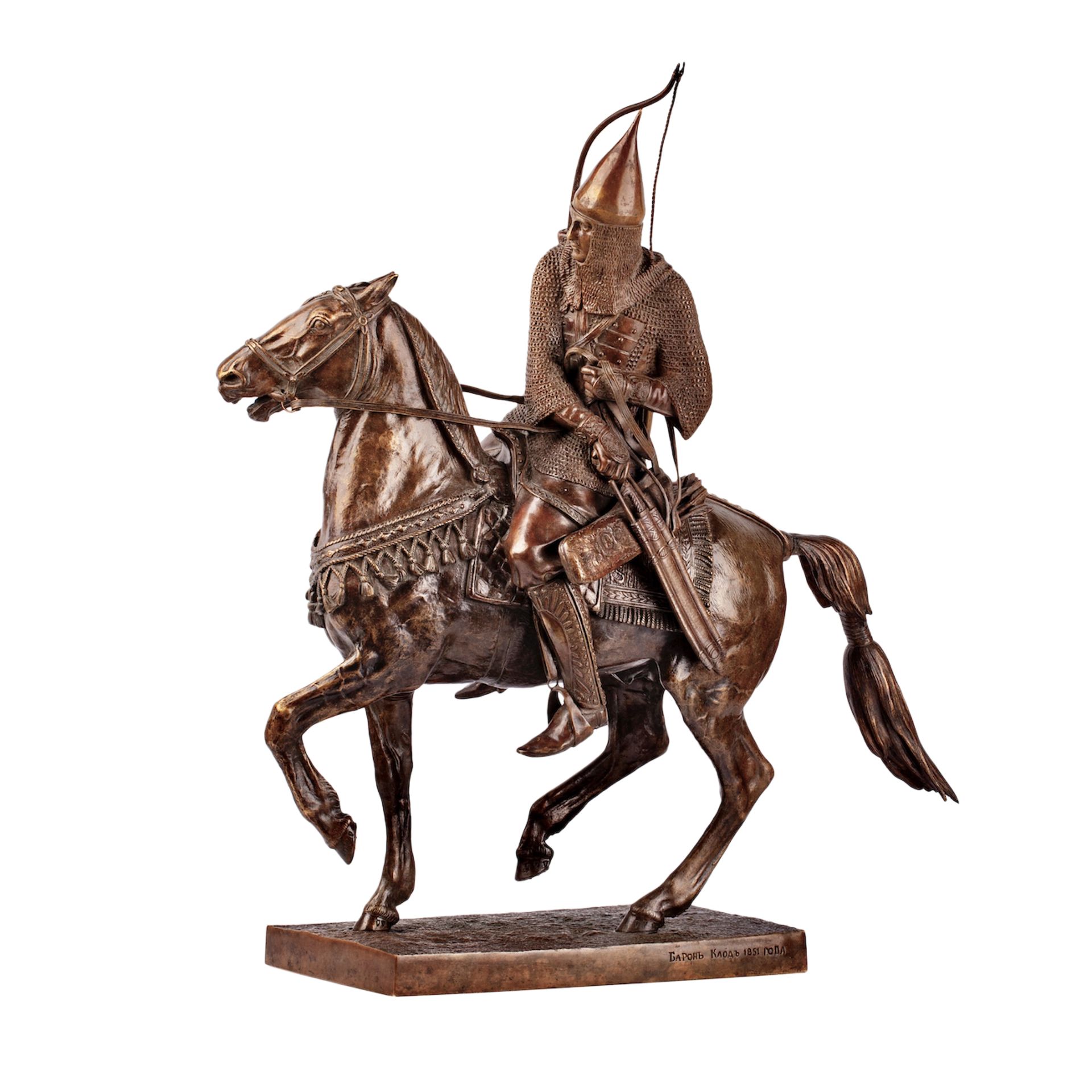 Null 罕见的内阁雕塑 "俄罗斯老骑士"。青铜器，铸造，压印，抛光。雕塑家P.K. 克洛特男爵。彼得堡，19世纪下半叶。尺寸：57 x 50 x 17.5厘米&hellip;