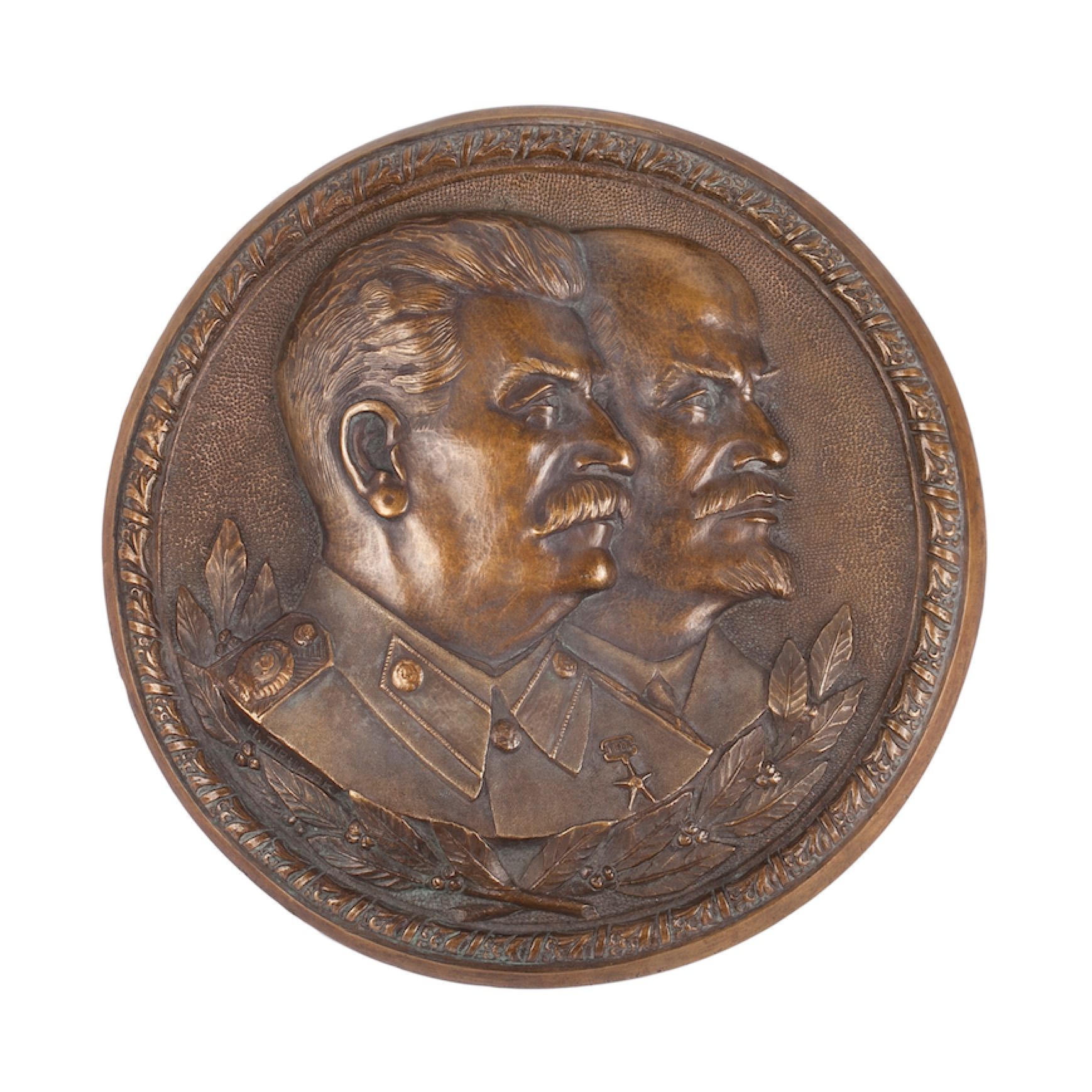 Null Flachrelief mit einem Bildpaar von Lenin und Stalin. Bronze, Guss, Prägung.&hellip;