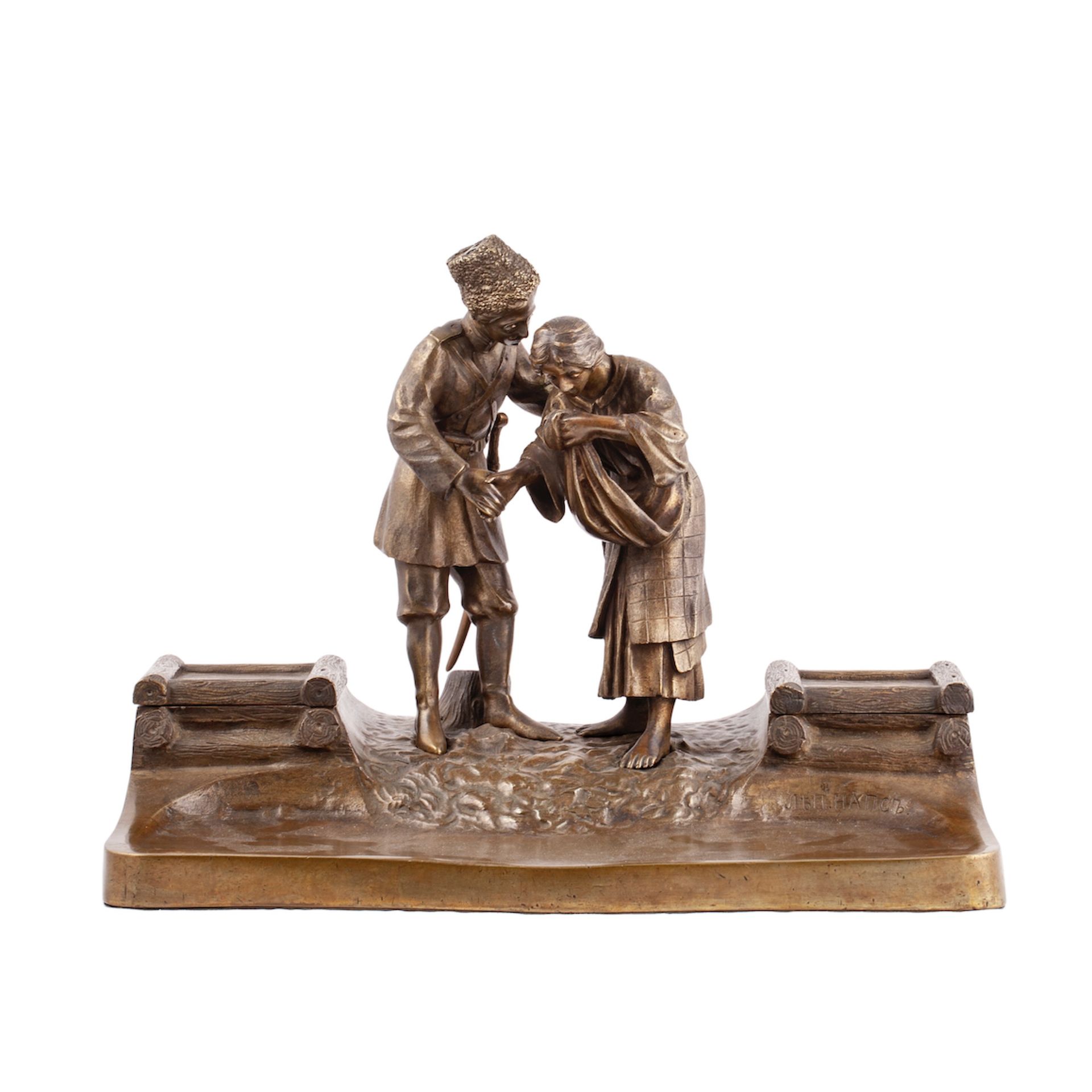 Null 罕见的书桌墨宝《一个哥萨克人对一个哥萨克人的告别》。青铜，铸造，压印，雕刻，抛光。雕塑家E.纳普斯。K.F. Verfel的工厂。彼得堡，19世纪末。&hellip;