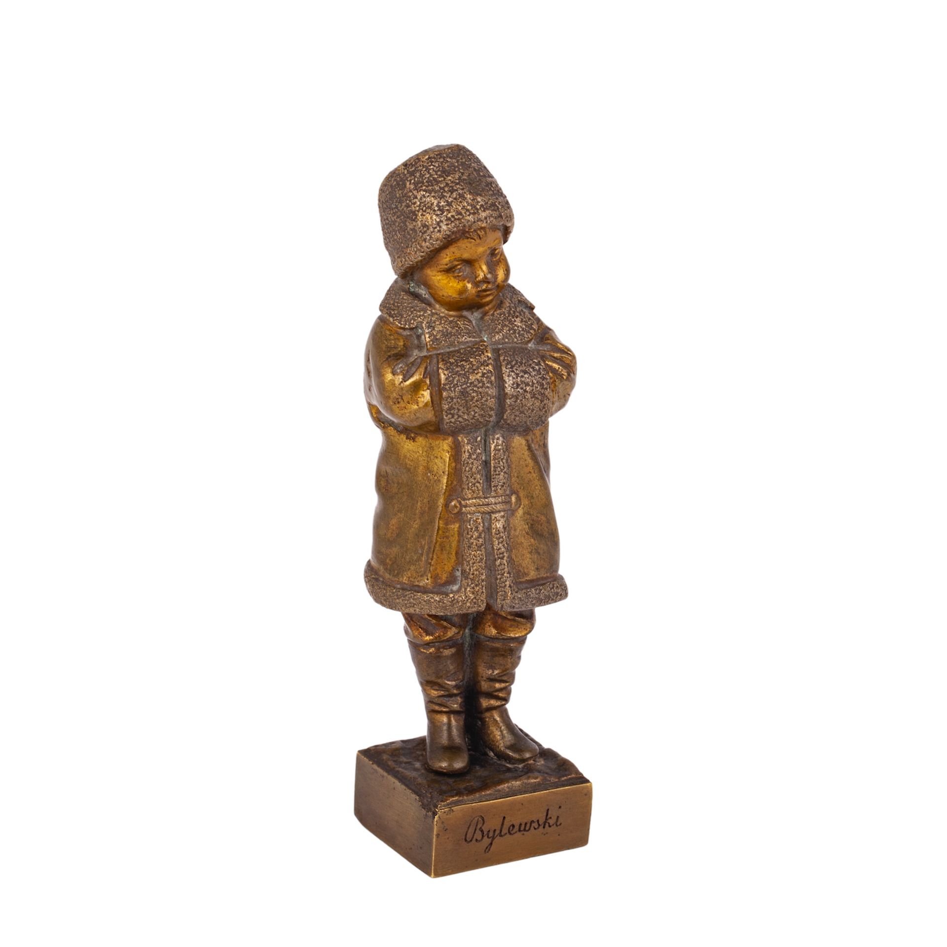 Null 青铜作品《穿裘皮大衣的男孩》。青铜器，铸造，压印，抛光。雕塑家T. Bylevsky。波兰作为俄罗斯的一部分。20世纪初。高度：13厘米。塔德乌斯基（&hellip;