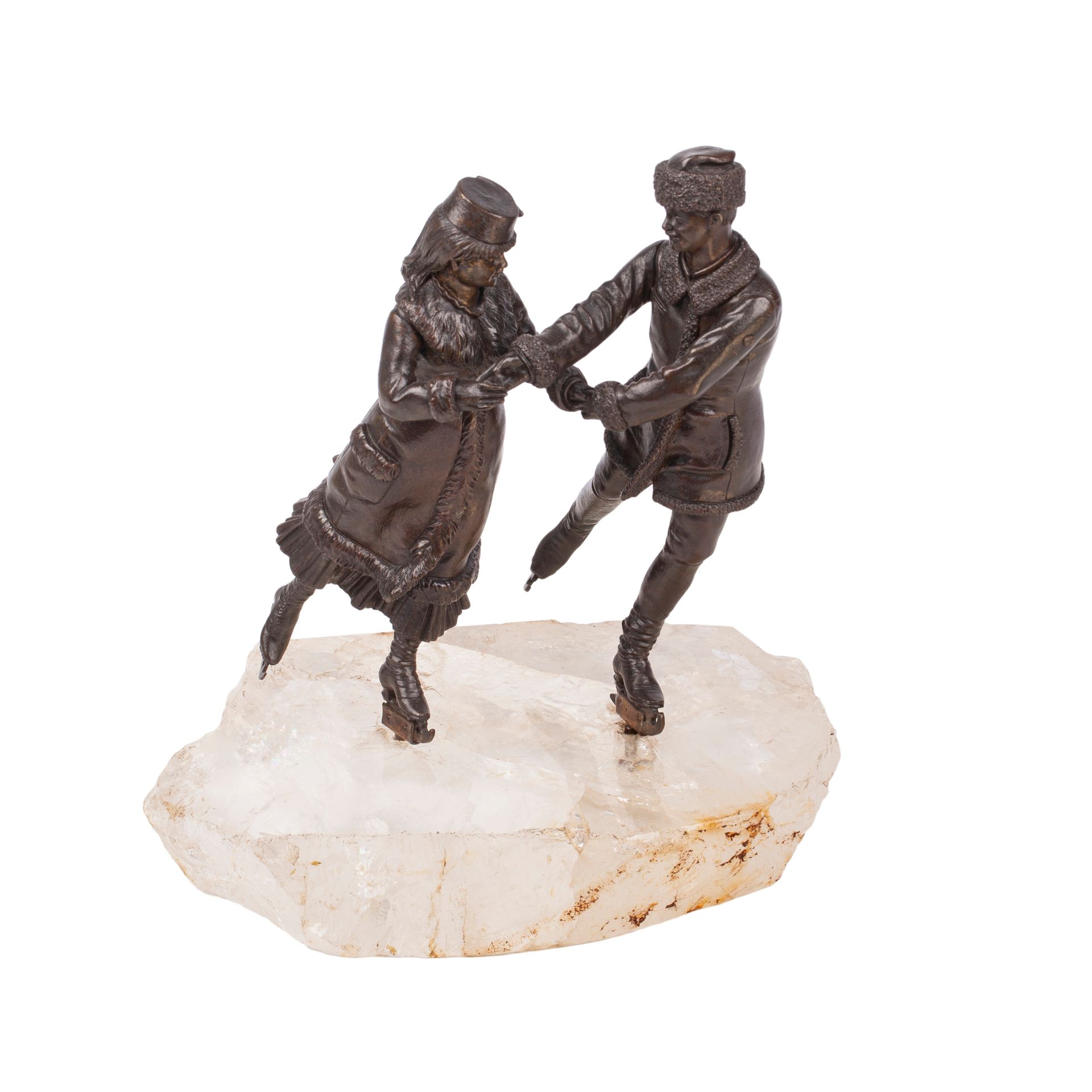 Null 罕见的俄罗斯雕塑《在滑冰场》。来自K.F. Werfel工厂在1890年代根据雕塑家V.Y. Grachev的模型制作的一系列组合装饰品（青铜和石英的&hellip;