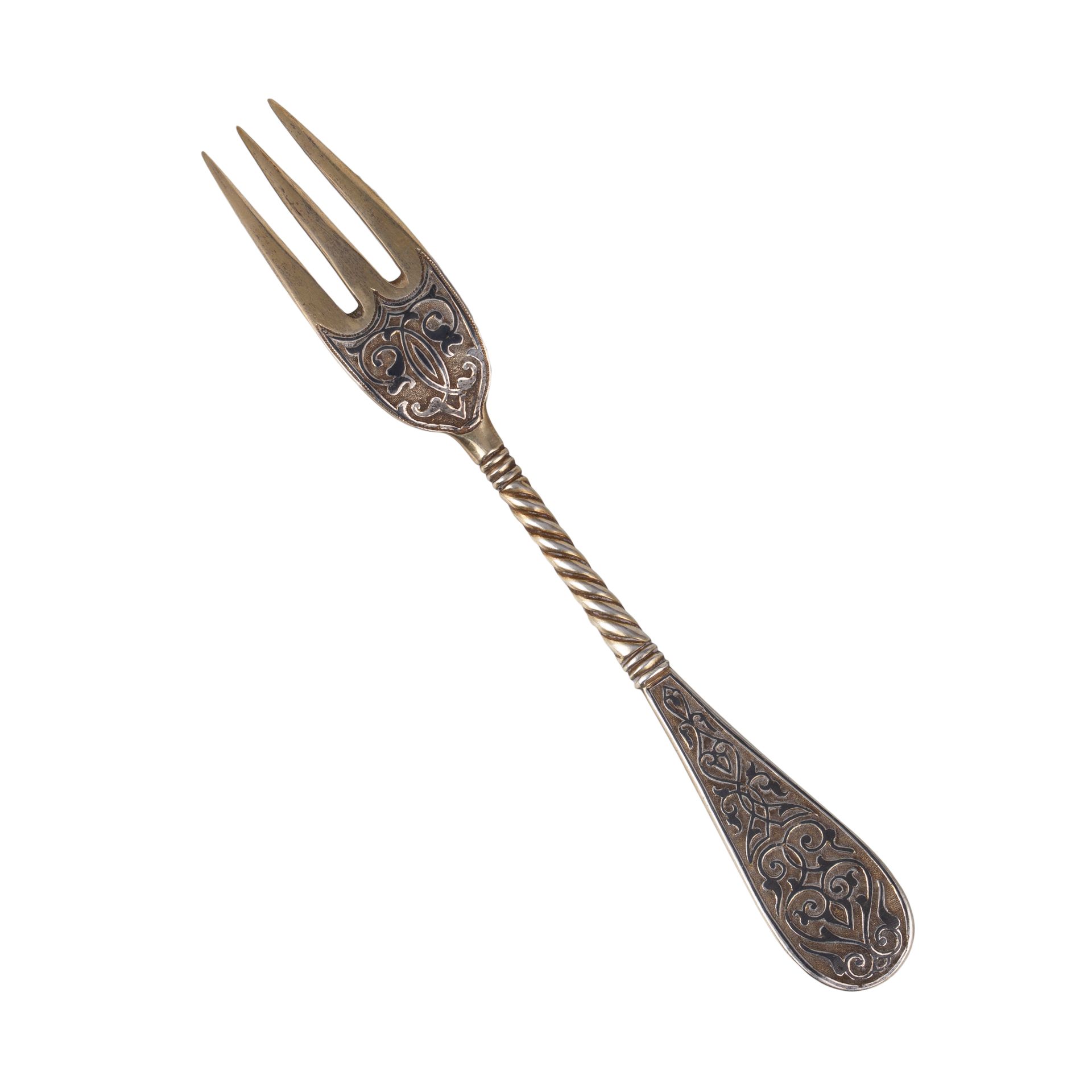 Null A Russian silver-gilt and niello lemon fork. Makers mark of M. Semenova. Mo&hellip;