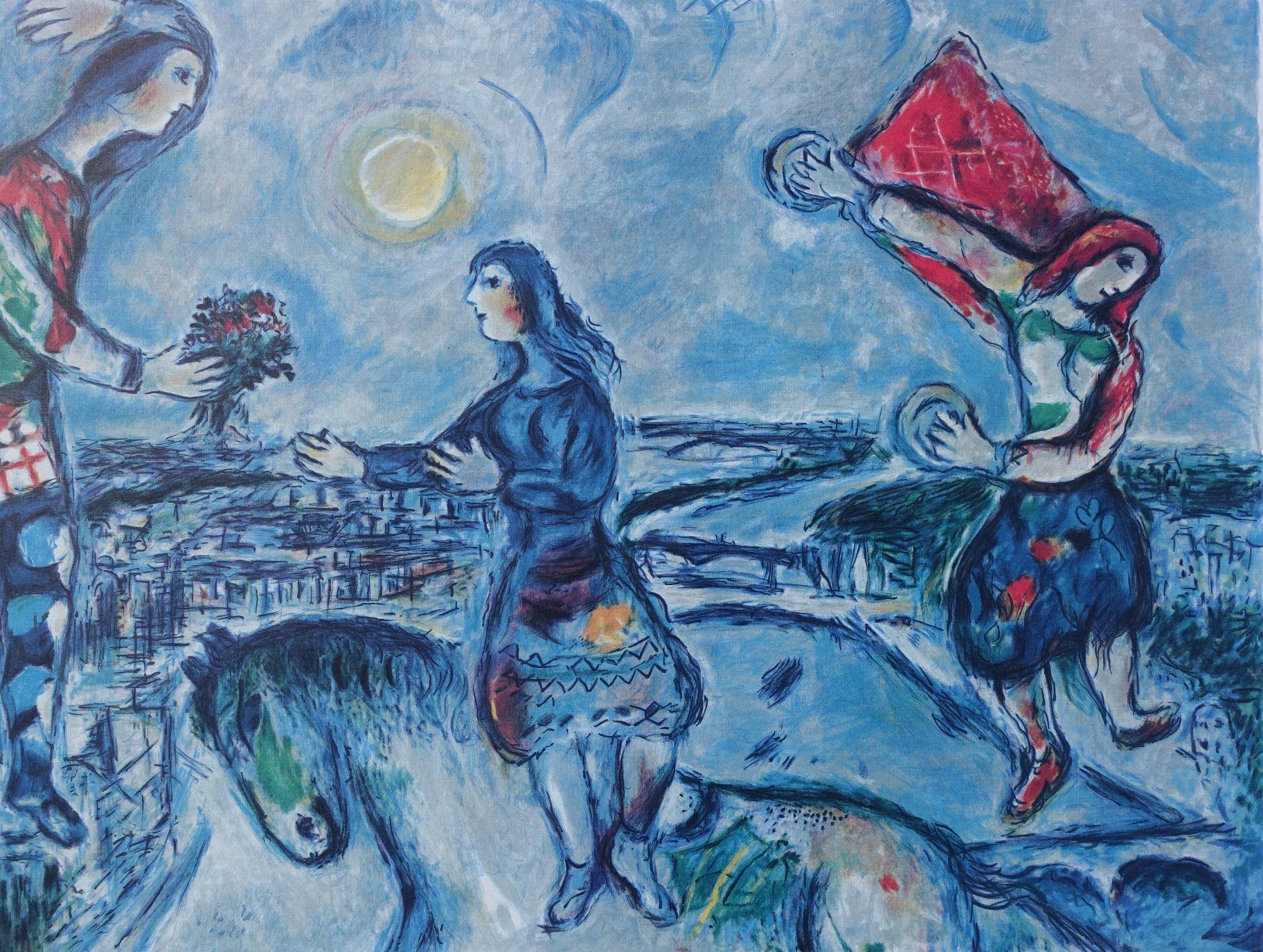 Marc Chagall 马克-夏加尔（1887-1985）（后）。

巴黎屋顶上的一对恋人

根据马克-夏加尔的作品制作的石印版画

板块中的签名

在精细纹&hellip;