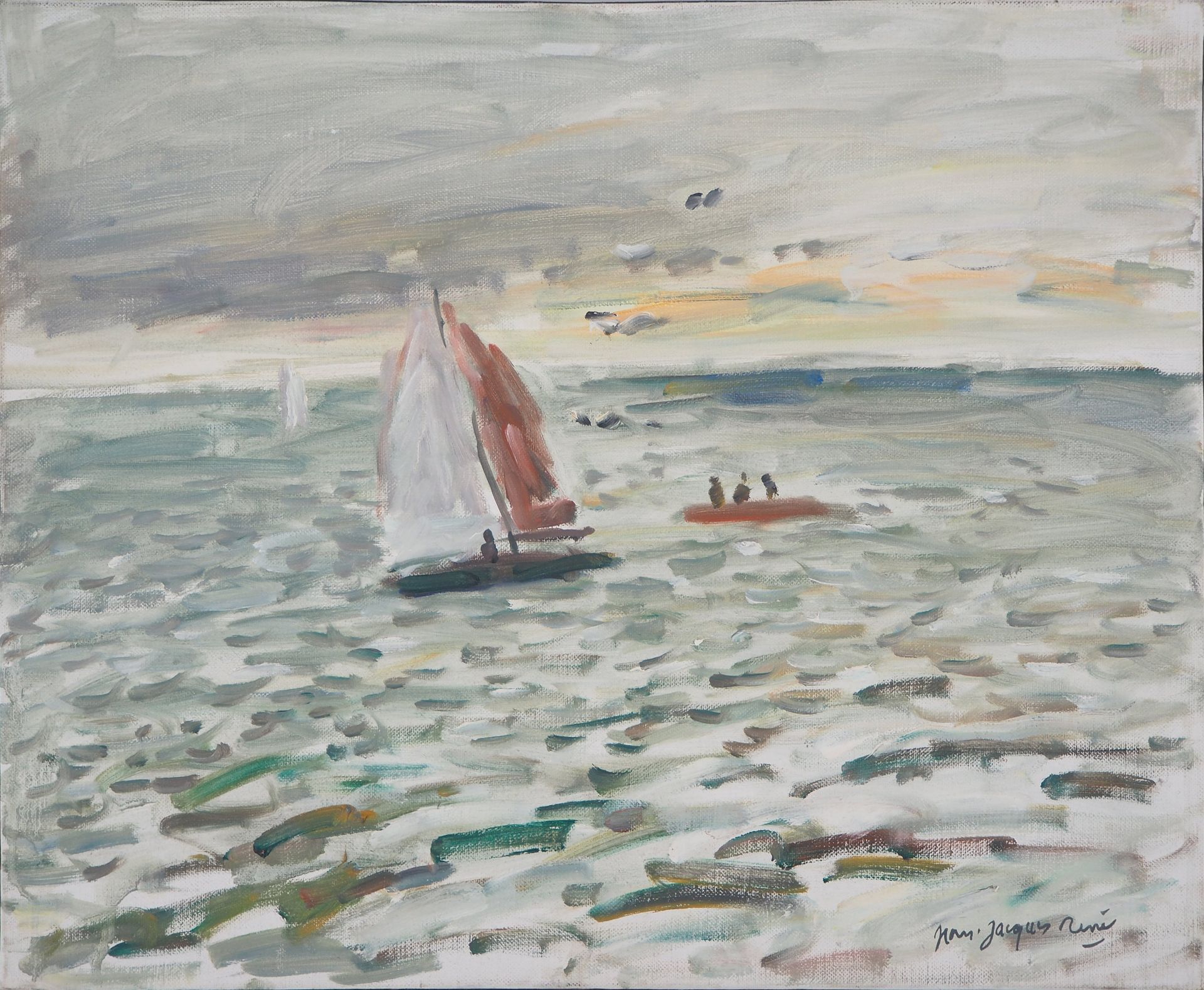 Jean-Jacques RENE Jean-Jacques RENÉ (1943) Sailboat at Sea Oil on canvas Signed &hellip;