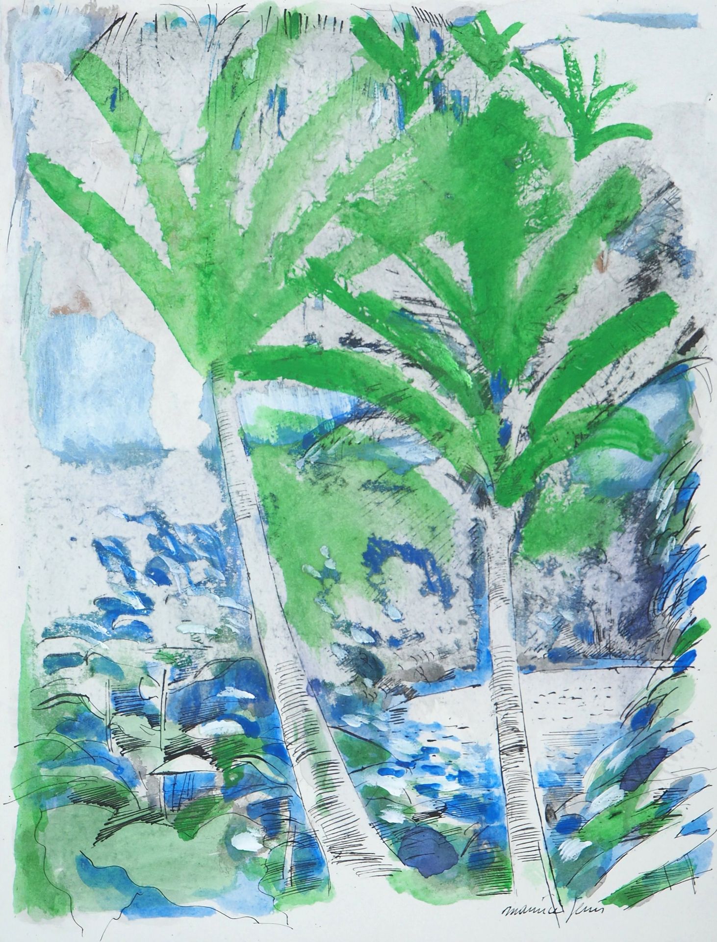 Maurice GENIS Maurice GENIS

印象派的椰子树

原创水彩、水粉和墨水

右下方有墨水签名

纸上，31,5 x 24 cm

状况极&hellip;