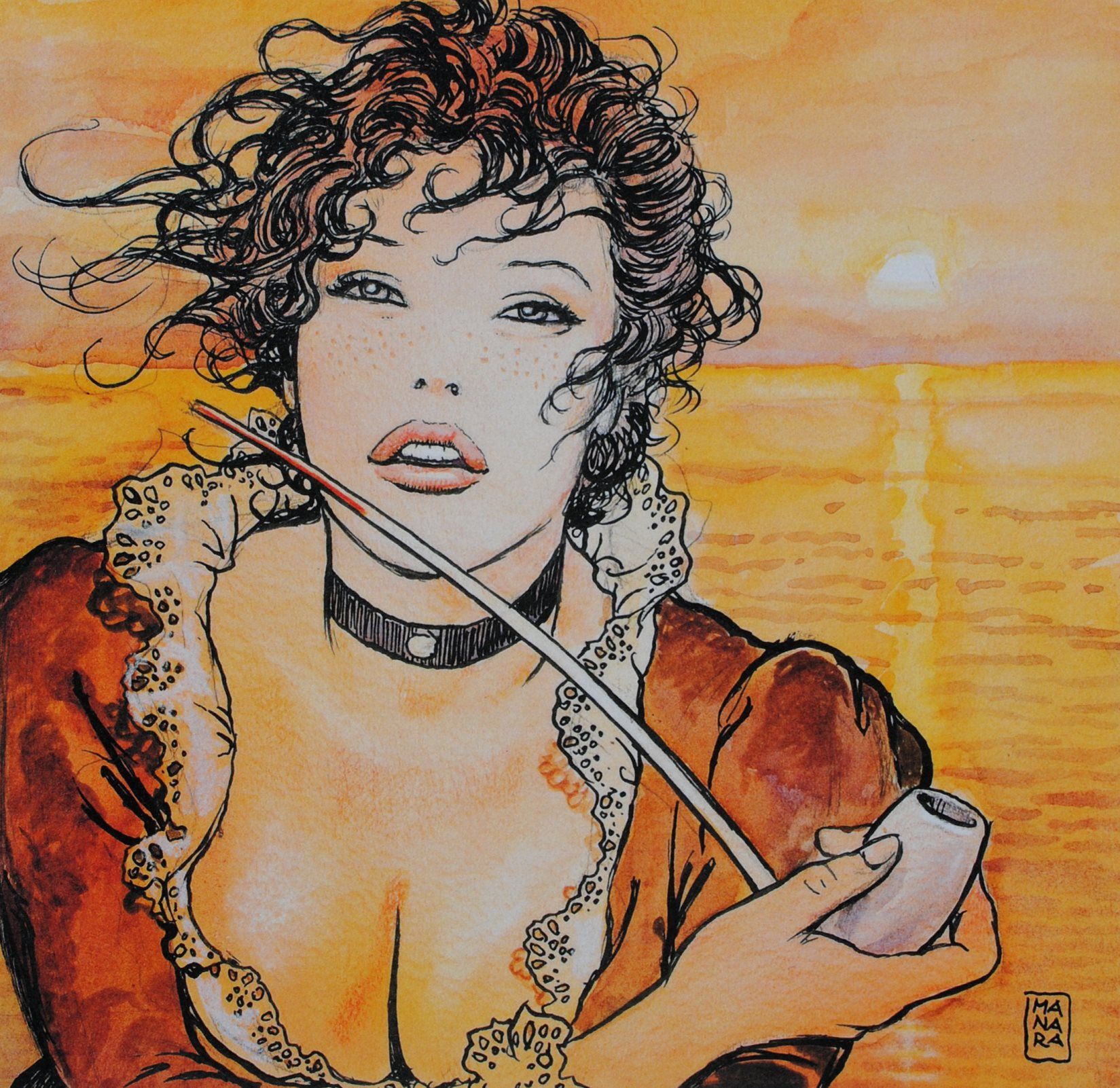 Milo Manara 米洛-马纳拉(1945-)

莫莉-马龙在日落时分

数字印刷

艺术家的铅笔签名

牛皮纸上

限量发行199份

总尺寸：23.5 &hellip;