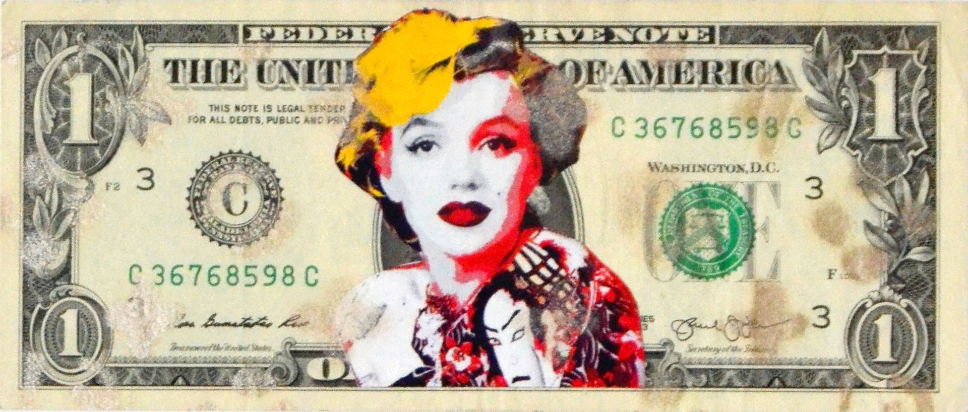 Death NYC 纽约市的死亡

Marilyn Tattoo, 2013

纸币上的拼贴和混合媒体

独特的工作

有艺术家的签名

尺寸：6 x 15厘米&hellip;