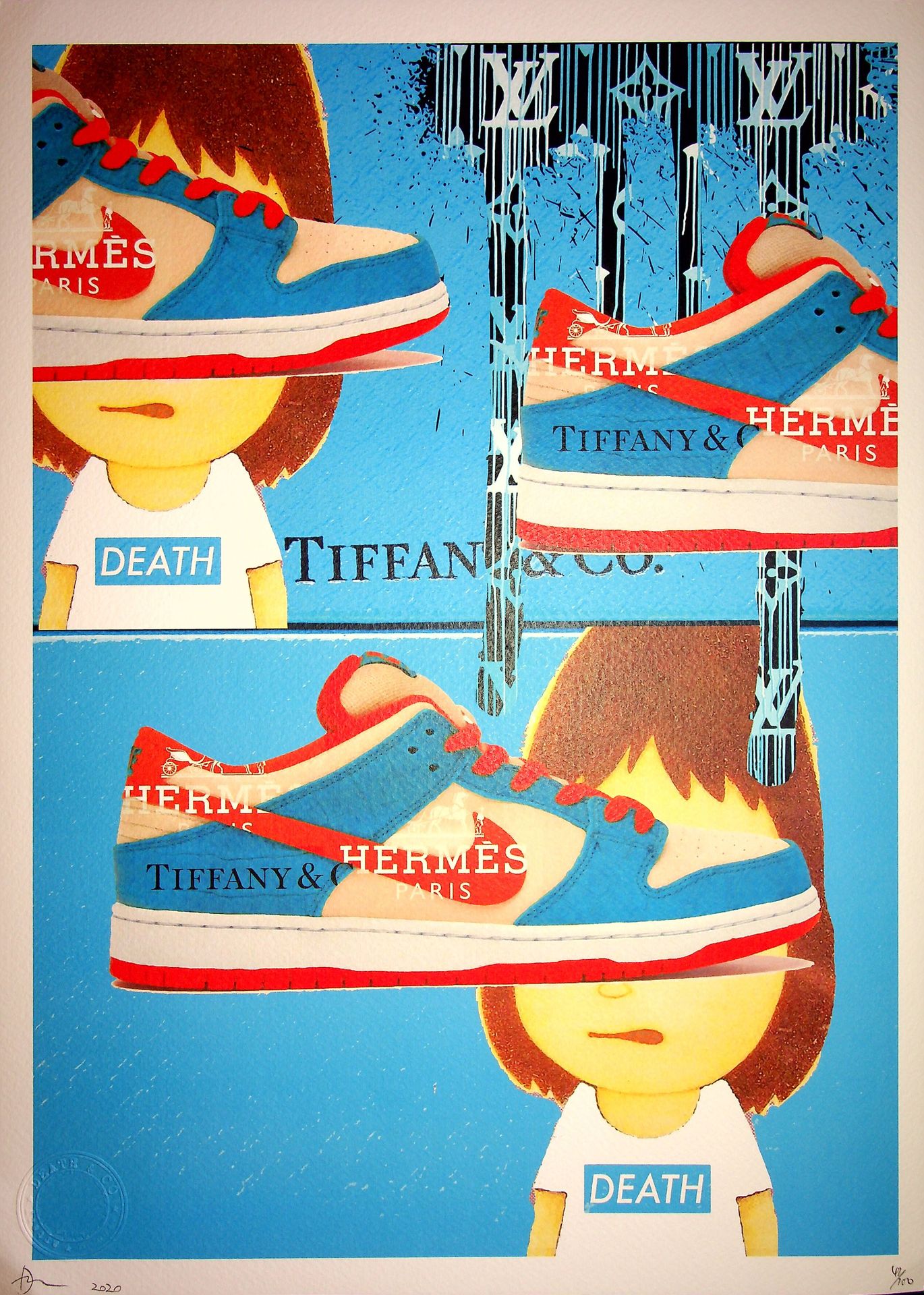 Death NYC 纽约市的死亡

蓝色爱马仕Tiffany耐克运动鞋，2020年

原创丝网版画，作者：纽约死亡--美国新兴的街头艺术艺术家

由艺术家亲笔签&hellip;