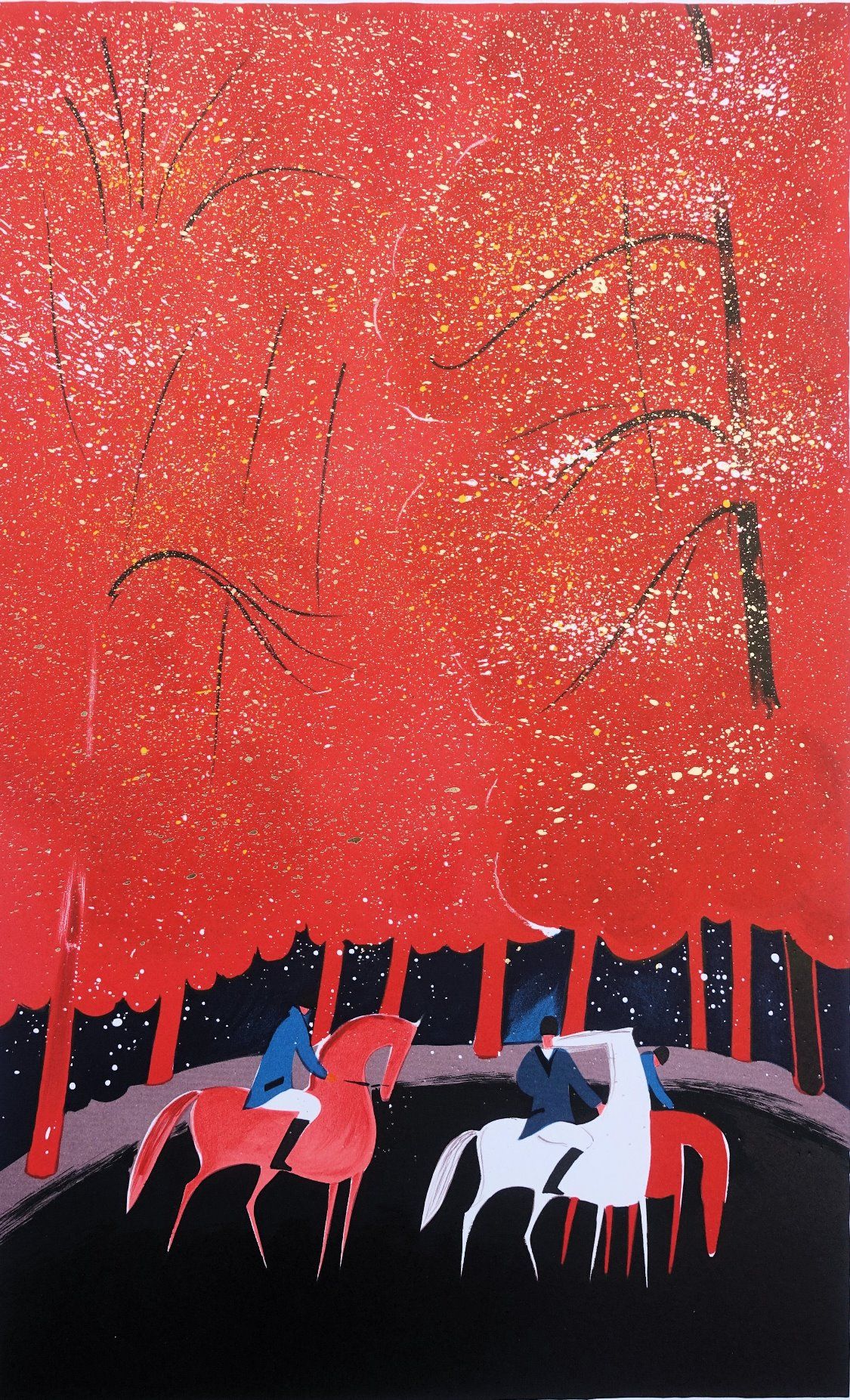 Serge Lassus Serge LASSUS (1933-) Horsemen and red forest Original lithograph On&hellip;