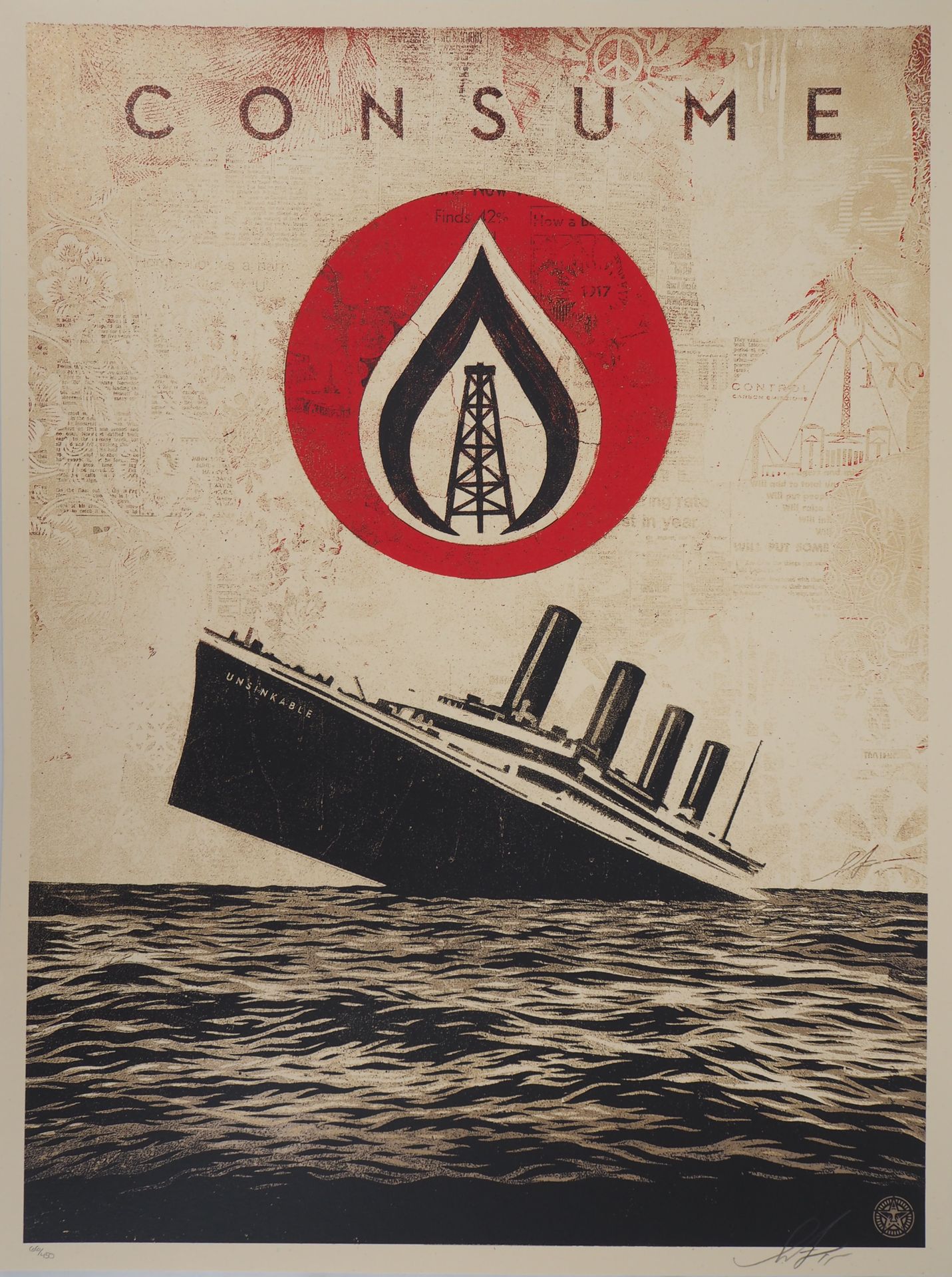 Shepard FAIREY Shepard FAIREY

泰坦尼克号》：消费（无法消费），2015年

原创绢印画

用铅笔签名

有编号/450册

牛皮&hellip;