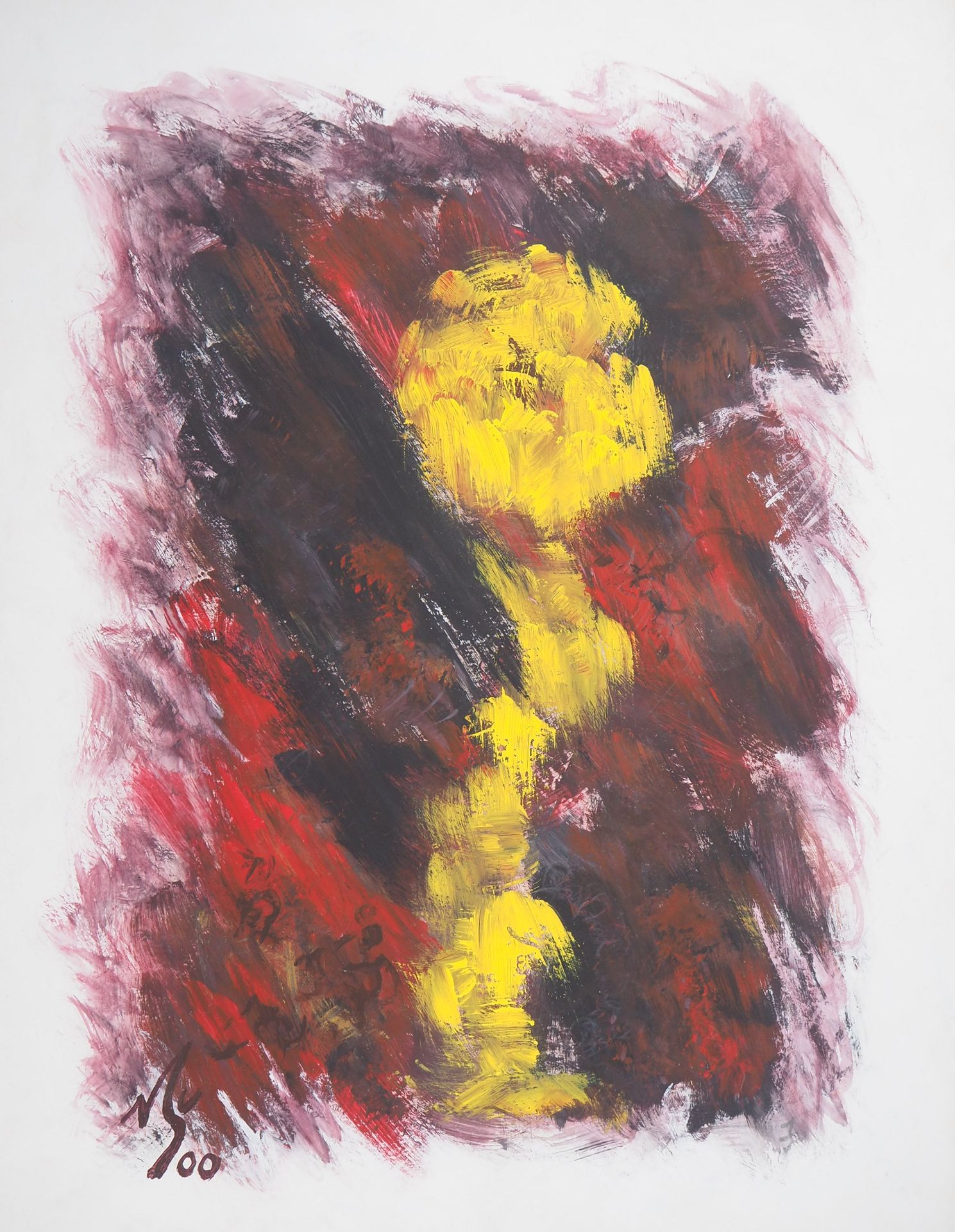 Michel GUIGNARD Michel Guignard

黄褐色的风景中的黄色花朵，2000年

丙烯酸和水粉画原作

左下方有艺术家的签名和日期

背&hellip;