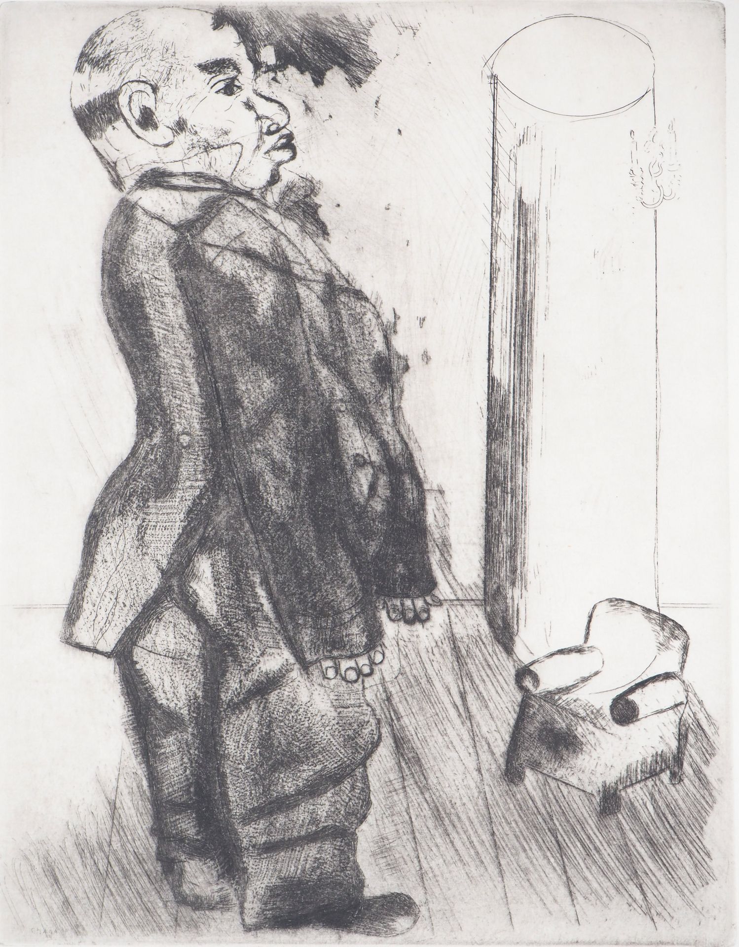 Marc Chagall 马克-查戈尔

扶手椅旁的索巴切维奇，1948年

日本纸上的原始蚀刻画

版面左下方有签名

36.7 x 28 cm

信息 :这&hellip;