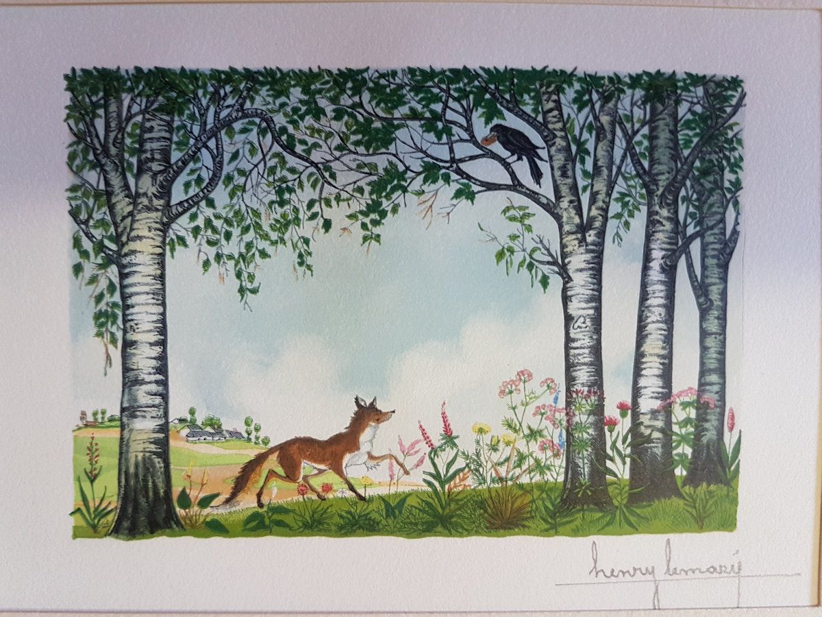 Henry Lemarié 亨利-勒马里埃（1911-1991

拉封丹的寓言 - 乌鸦和狐狸

在Vélin de Rives纸上的木刻画

由Jean Ta&hellip;