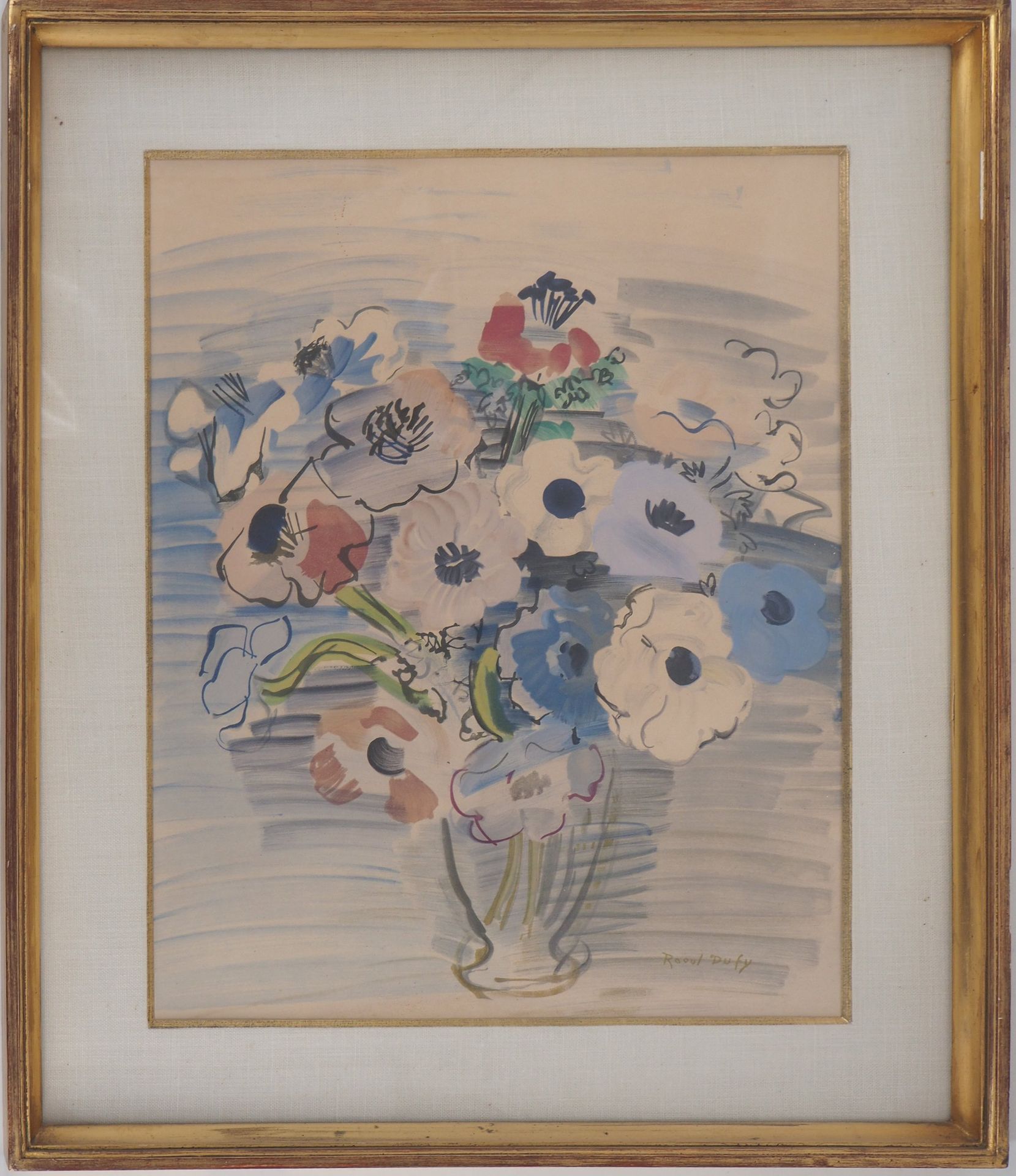 Raoul Dufy 拉乌尔-杜菲

一束葵花

石版画

板块中的签名

牛皮纸上，53 x 40厘米见方

呈现在一个镀金的长条形画框中 70 x 59 c&hellip;