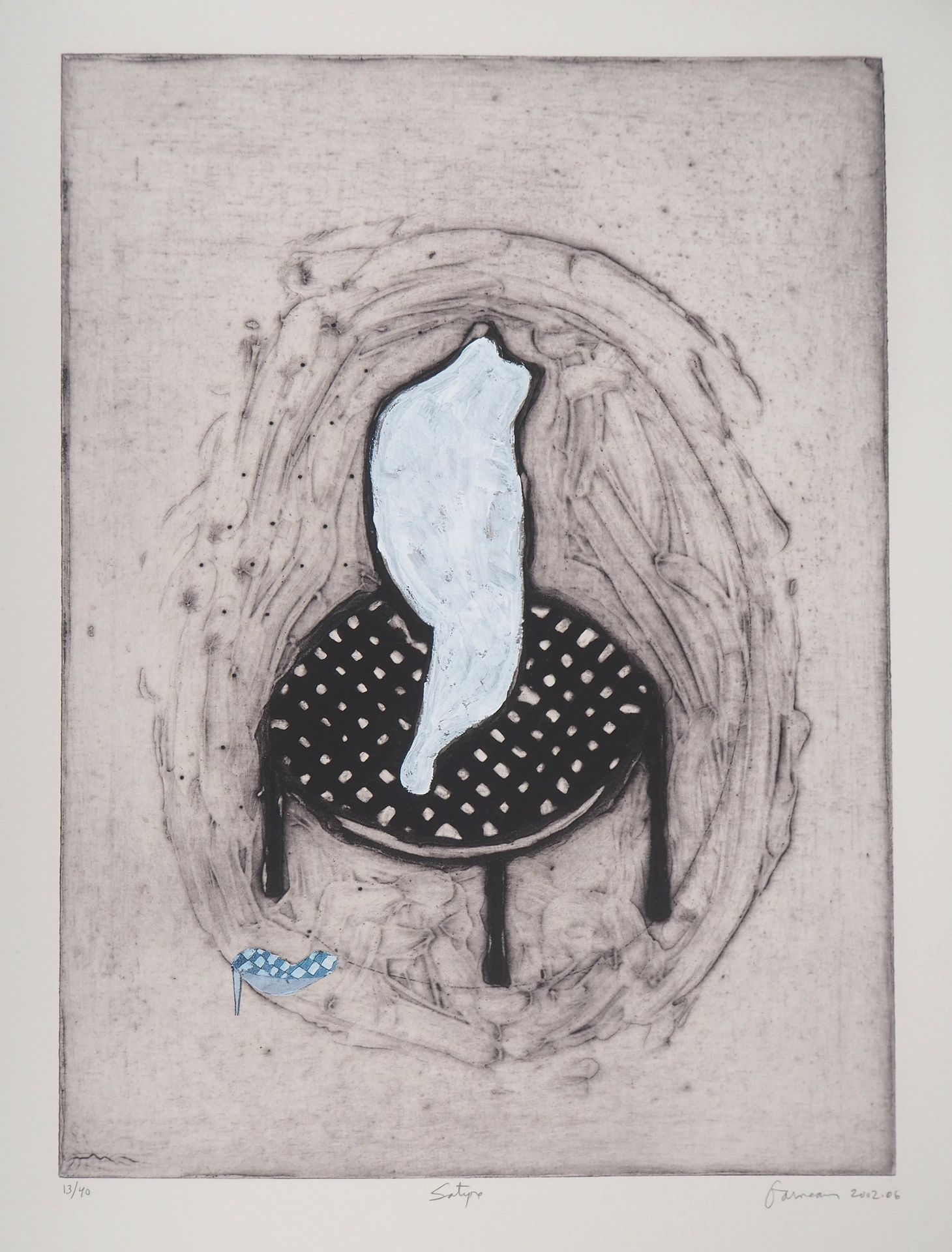 Marc Garneau 马克-加尼奥

Satyr, 2002

用水粉画和拼贴画加强的原始蚀刻画

艺术家用铅笔签名并注明日期

在拱形牛皮纸上，66 x &hellip;