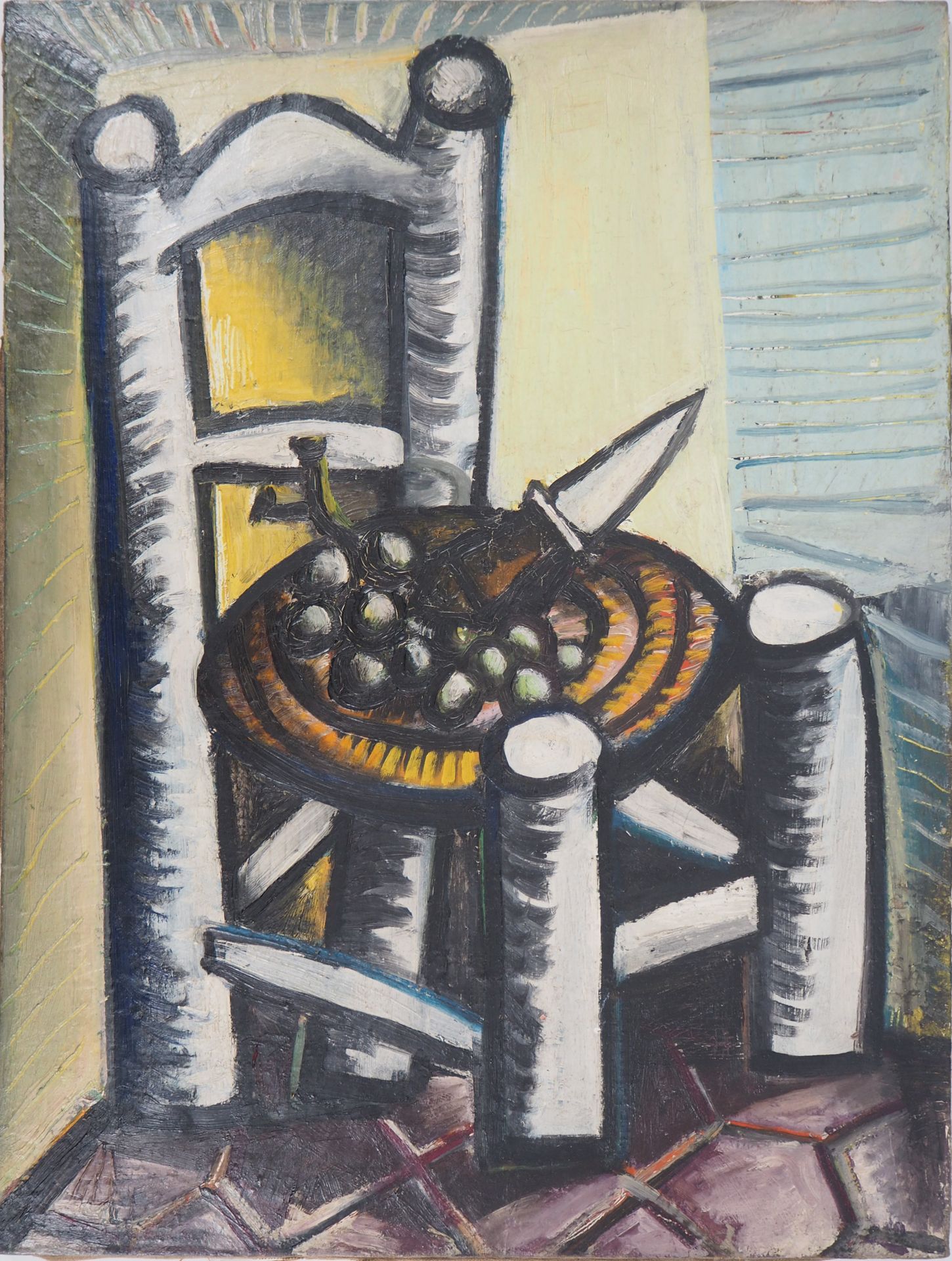 Carlos CARNERO 卡洛斯-卡内罗(1922-1980)

向毕加索致敬：立体派椅子

布面油画

背面有签名、日期和标题

在画布的背面有另一幅画的&hellip;