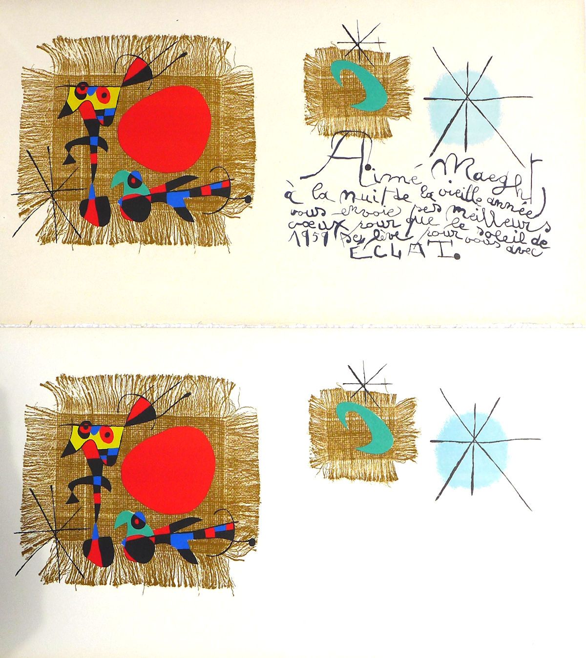 Joan Miro 琼-米罗(1893-1983)

 艾梅-梅格特

 

 两幅石版画

 

 由巴塞罗那的Poligrapha出版和印刷。

 

 完&hellip;