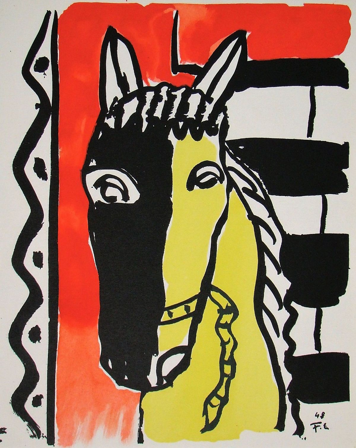 Fernand Leger 费尔南-勒格（后） (1881-1955)

红色背景上的马，1948年

梭织纸上的绢印与钢印着色。

盘子右下方有图案和日期。
&hellip;