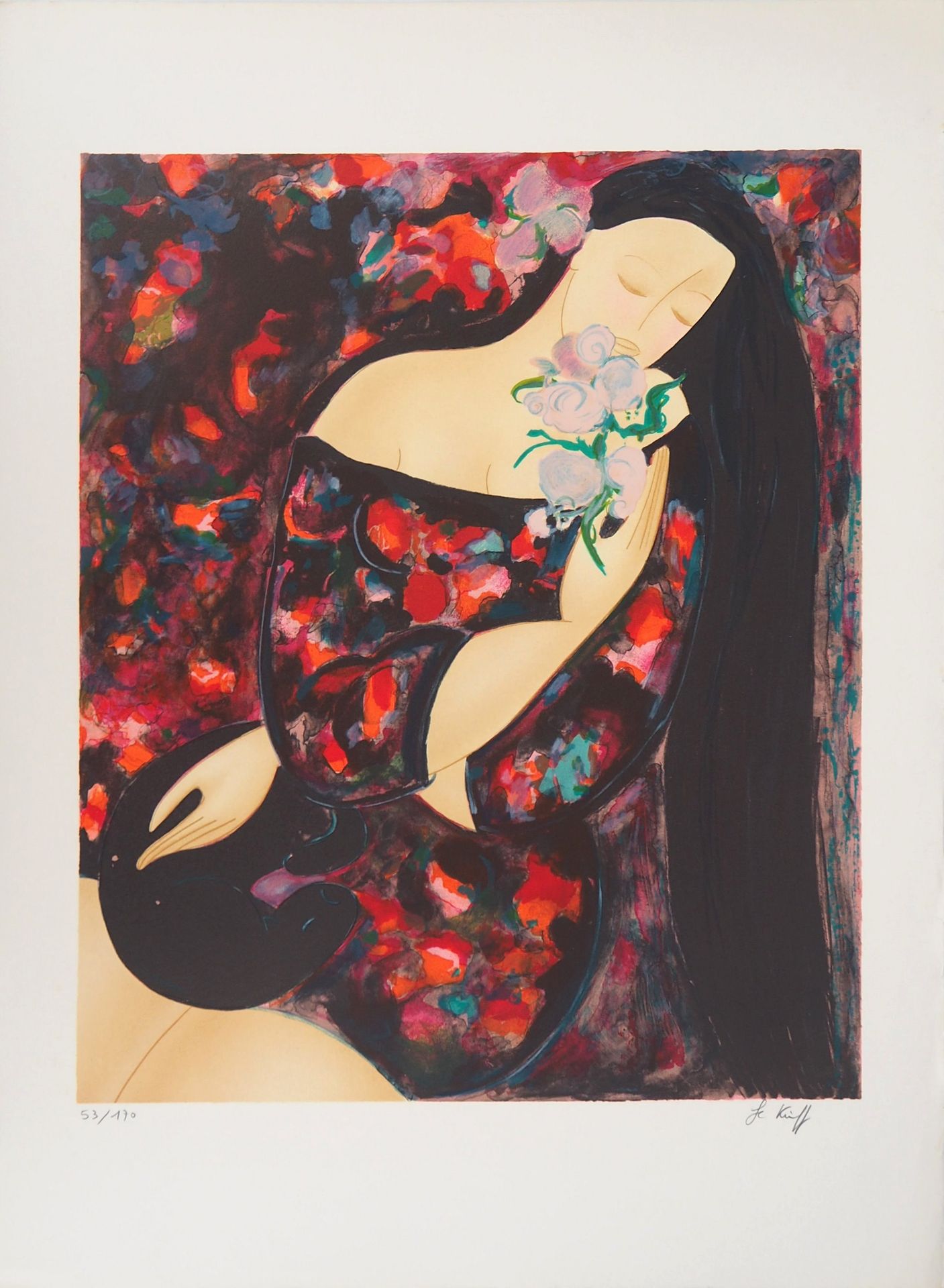 Linda Le Kinff Linda LE KINFF (1949) Woman with flowers Original lithograph Sign&hellip;