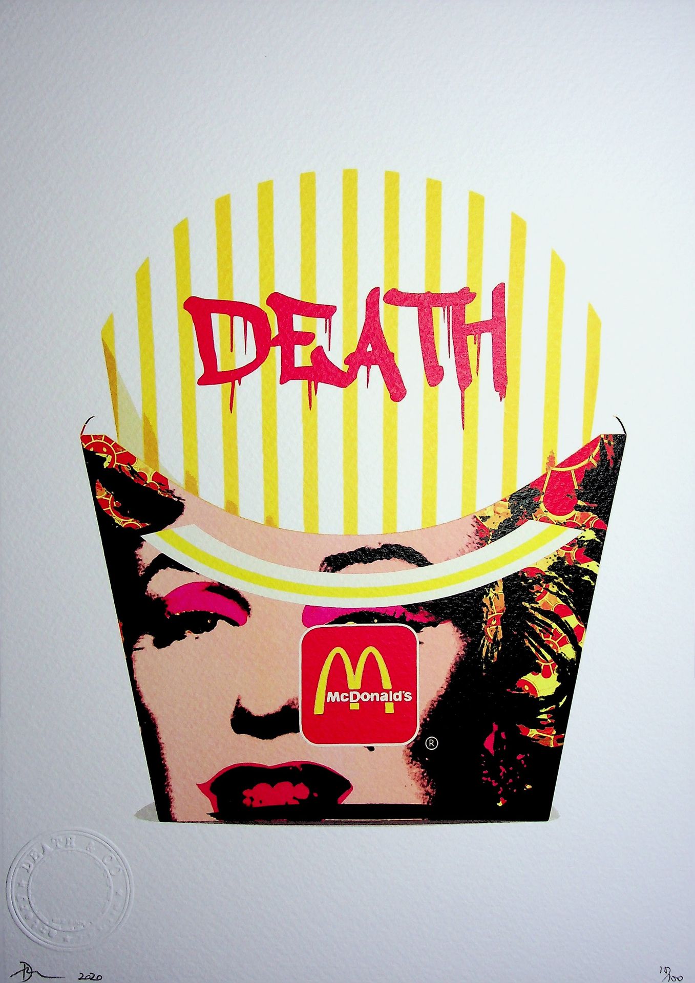 Death NYC 纽约市的死亡

麦当劳薯条与玛丽莲-门罗的关系

原创死亡纽约丝网版画

由艺术家亲笔签名

合理的 "AP"（艺术家的证明）。

尺寸 :&hellip;