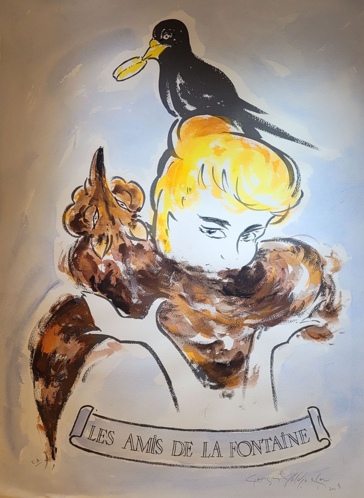 Georges YOLDJOGLOU 乔治-约尔乔格卢（生于1933年）。

原创水彩画--《乌鸦和狐狸》--2011年

Rives的牛皮纸

右下角有艺术家&hellip;