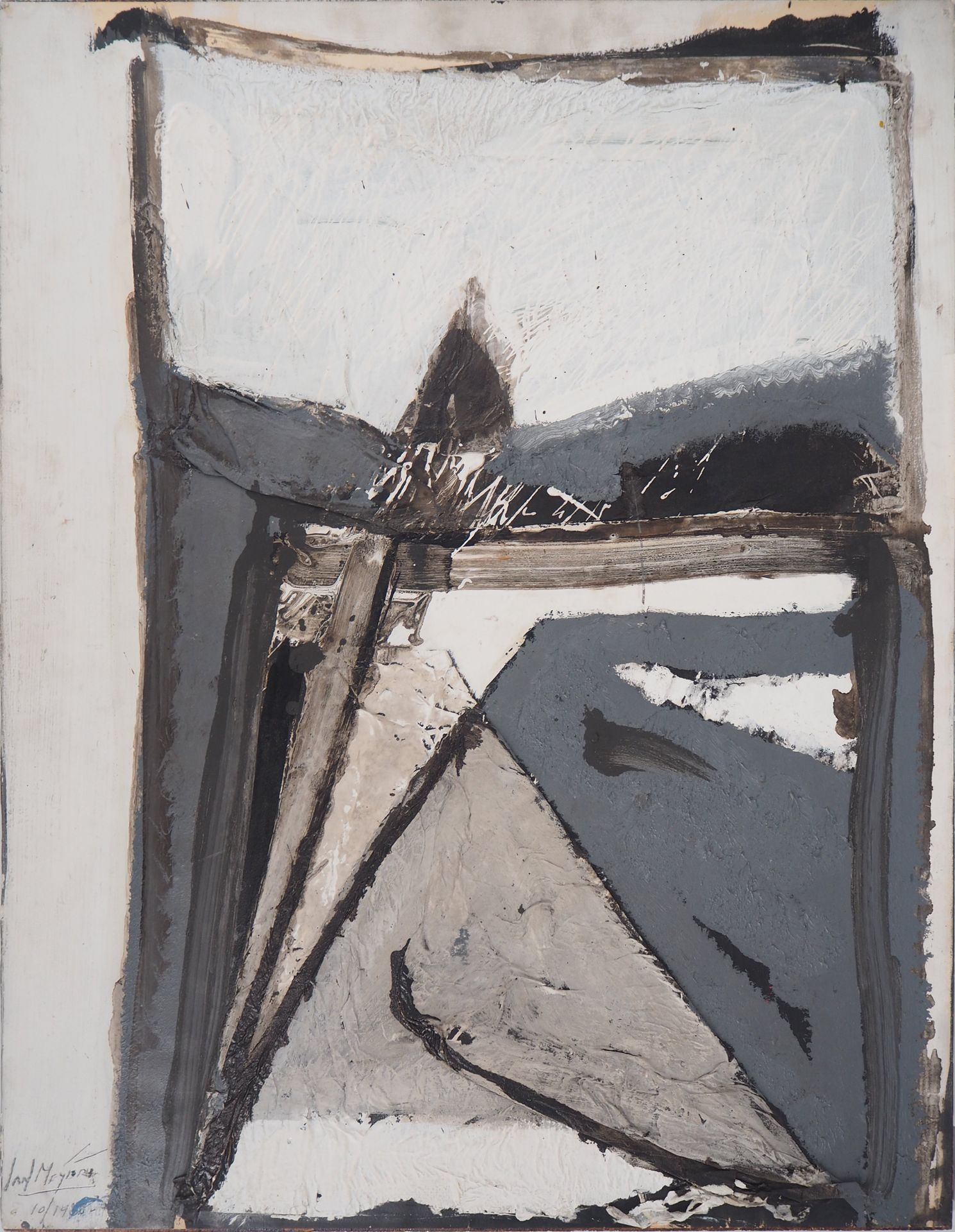 Jan MEYER 扬-迈耶(Jan MEIJER 1927 - 1995，被称为)

黑与白的抽象，1985年

木板上的油画和拼贴画

左下方有签名和日期
&hellip;