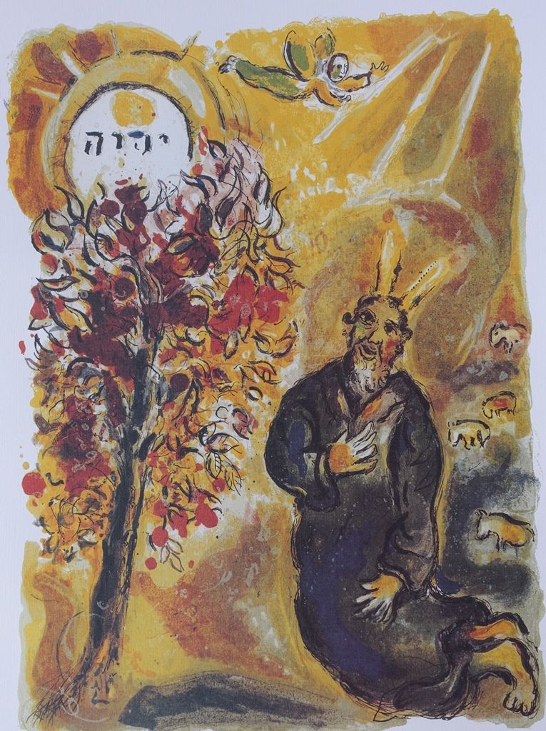Marc Chagall 马克-夏加尔（1887-1985）（后）。

摩西和燃烧的灌木丛

根据马克-夏加尔的作品制作的石印版画

板块中的签名

在有纹理的&hellip;