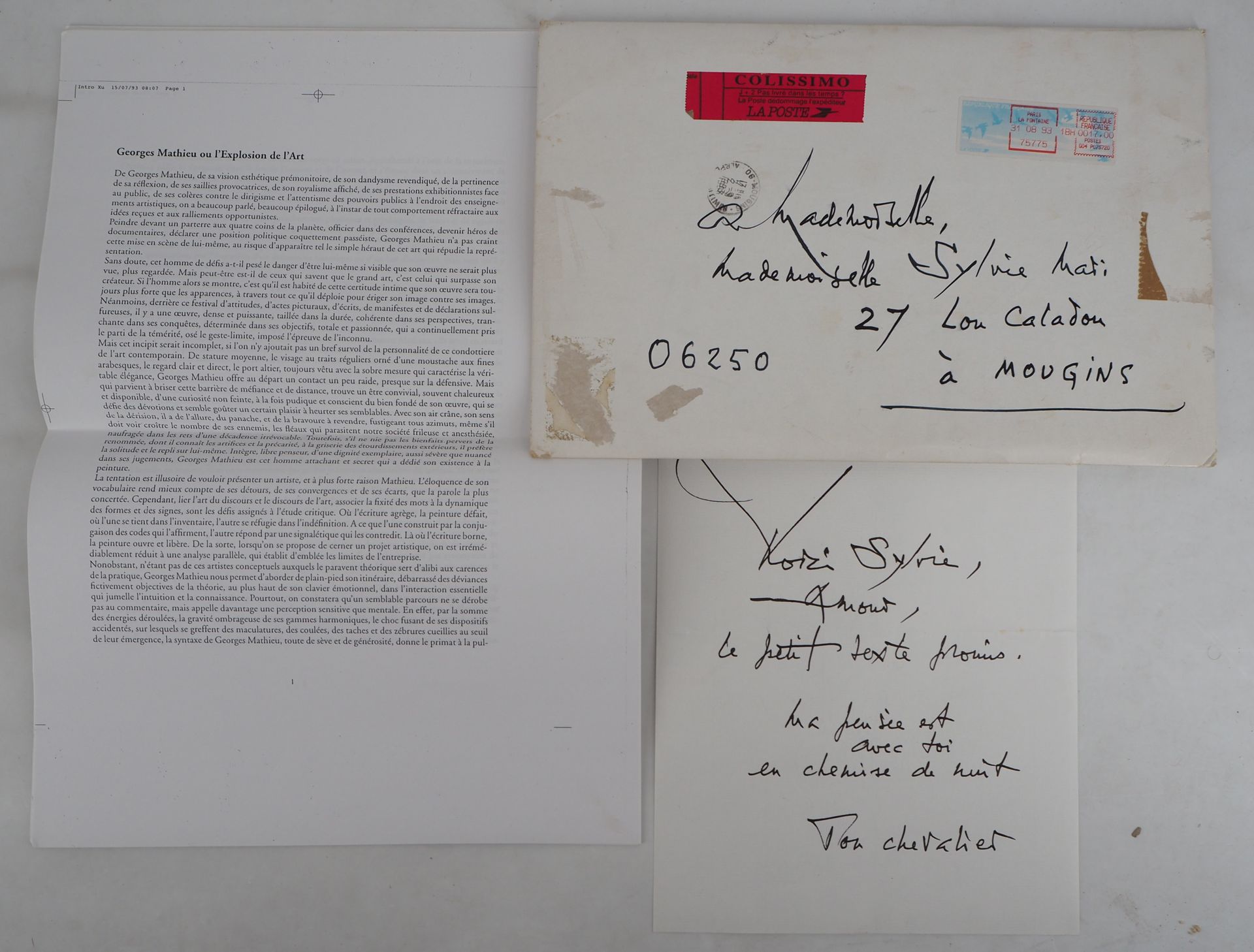 Georges MATHIEU Georges MATHIEU

手写的信，1993年

墨水手写的信

附有一篇题为 "乔治-马蒂厄或艺术博览会 "的文章（1&hellip;