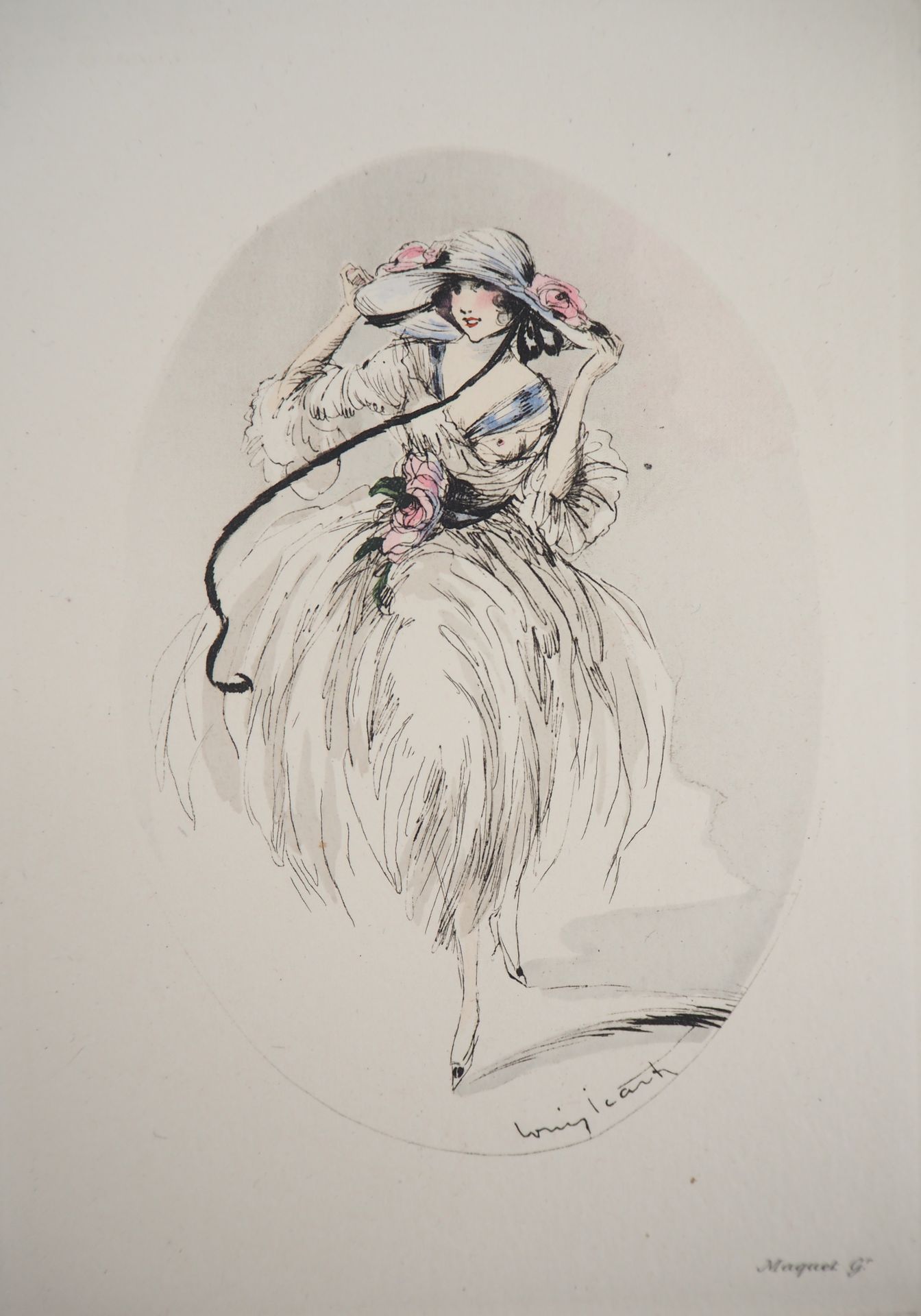 Louis ICART Louis ICART (1888 - 1950) Young woman in hat adorned with roses Orig&hellip;