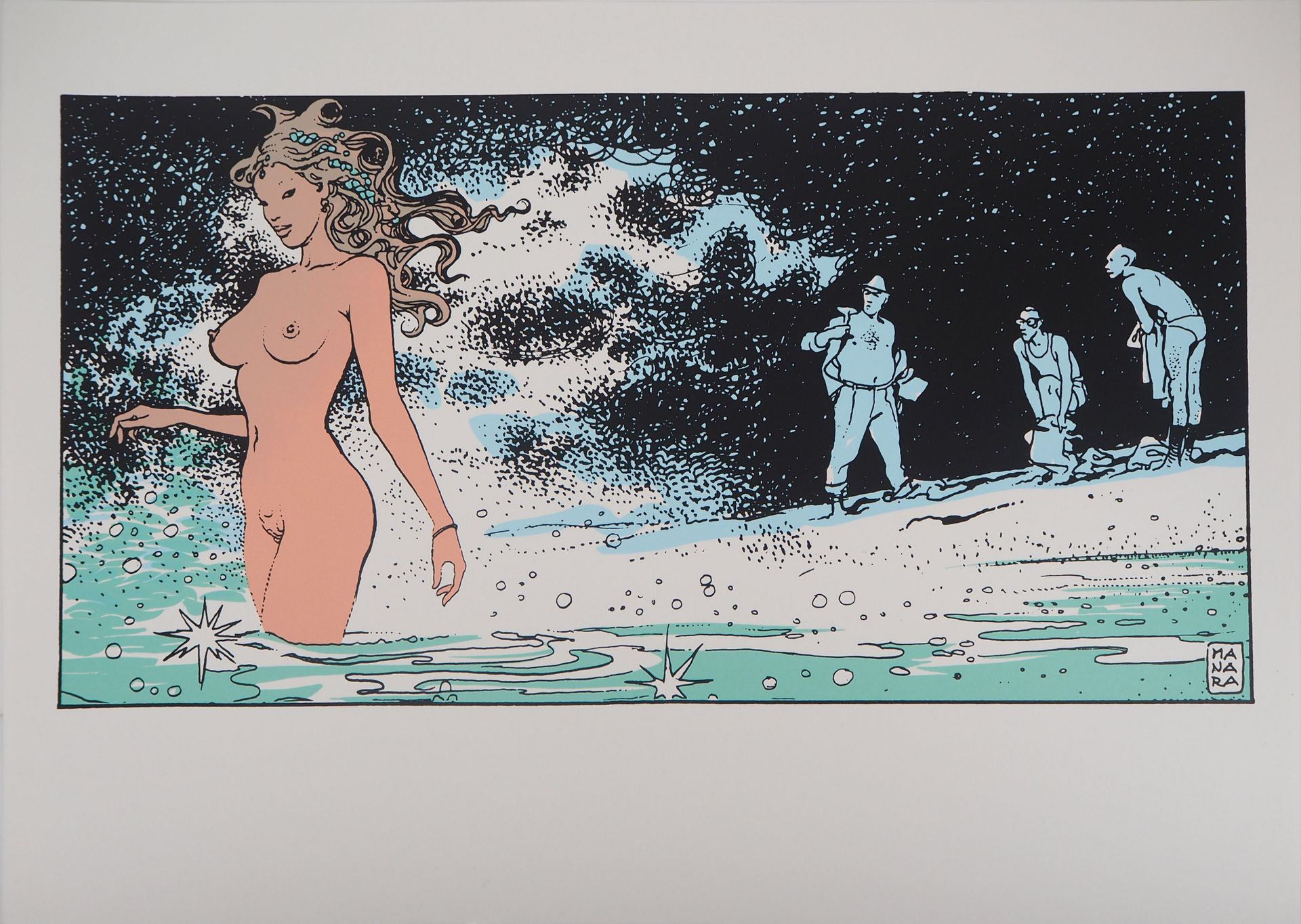Milo Manara 米洛-马纳拉（1945-）

海浪中的美人鱼



原创彩色绢印画

板块中的签名

厚纸上 50 x 70 cm

状况极佳