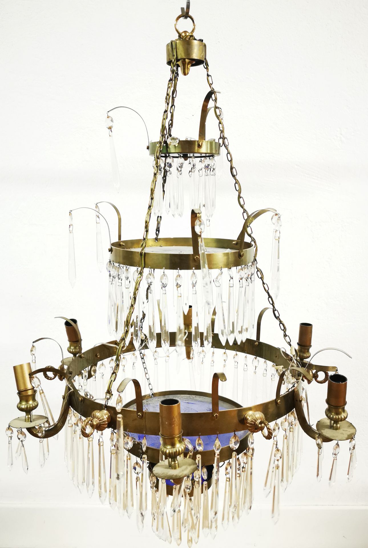 Null Six branches brass chandelier with three blue glass discs. 90 x 60 cm.