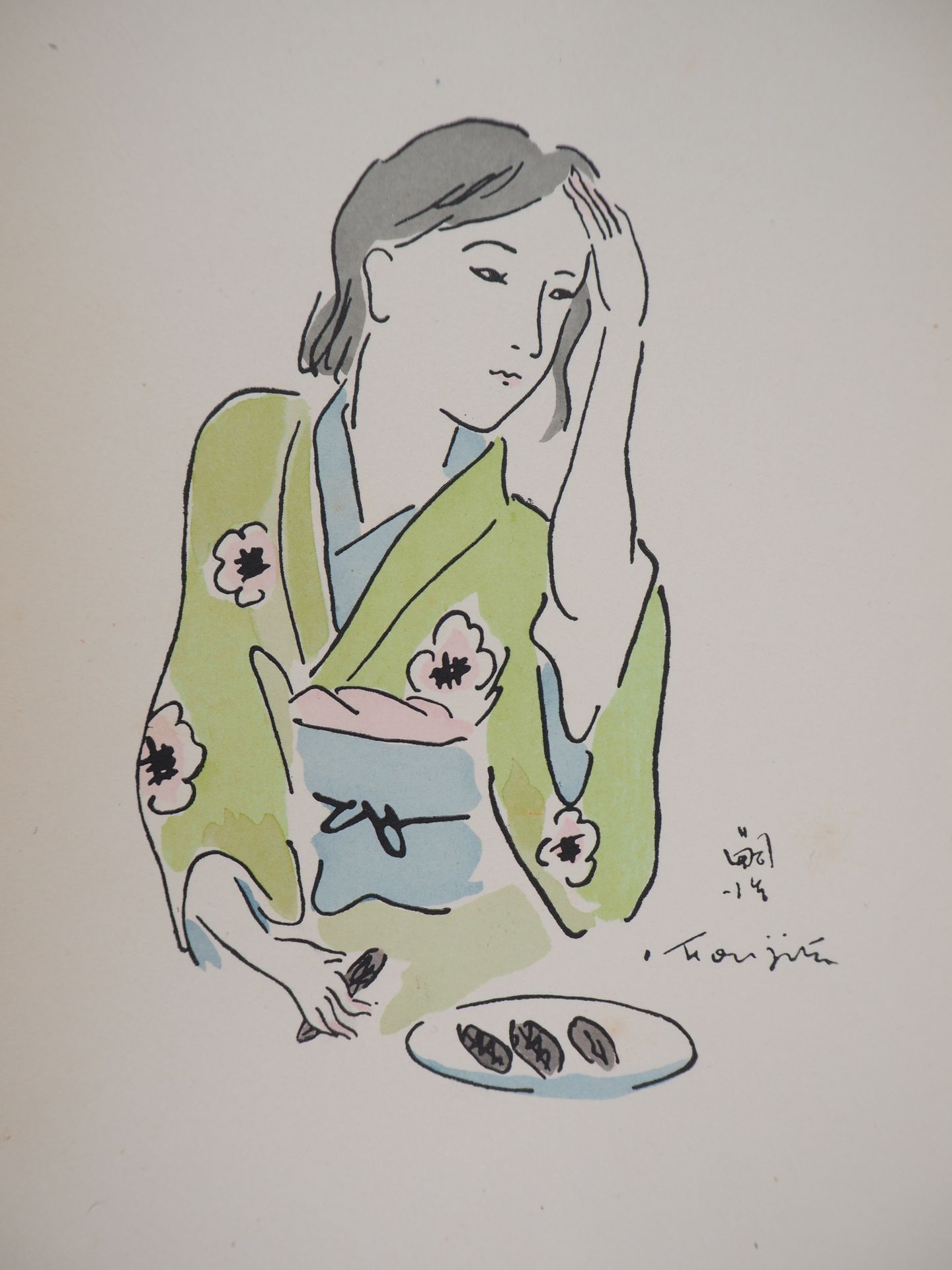 Tsuguharu FOUJITA Leonard Tsuguharu FOUJITA

穿着和服的女人在做她的头发，1936年



用水彩模版加高的木刻版画&hellip;
