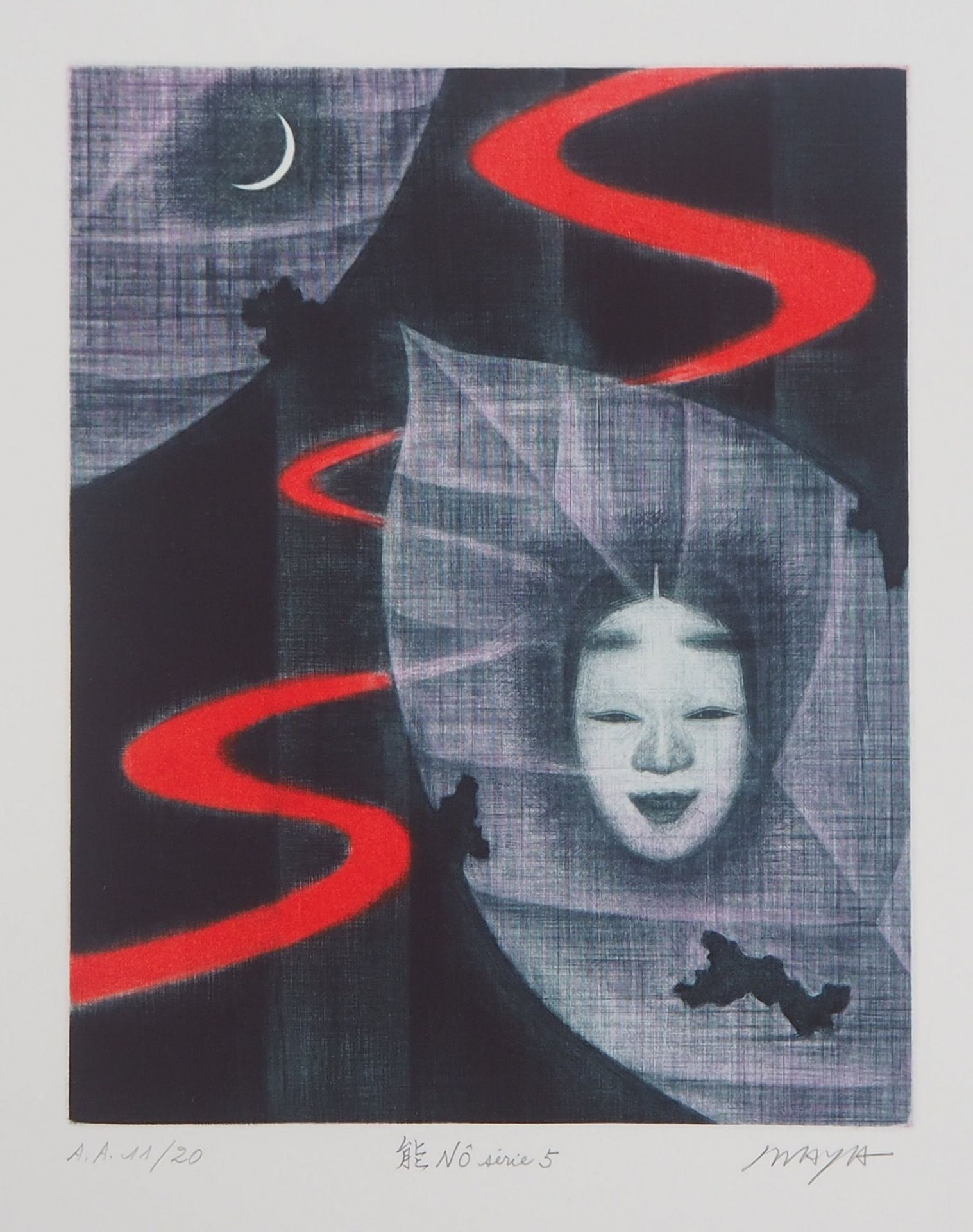 TORU Iwaya Toru IWAYA Noh theater mask series 5 Original aquatint print Signed i&hellip;