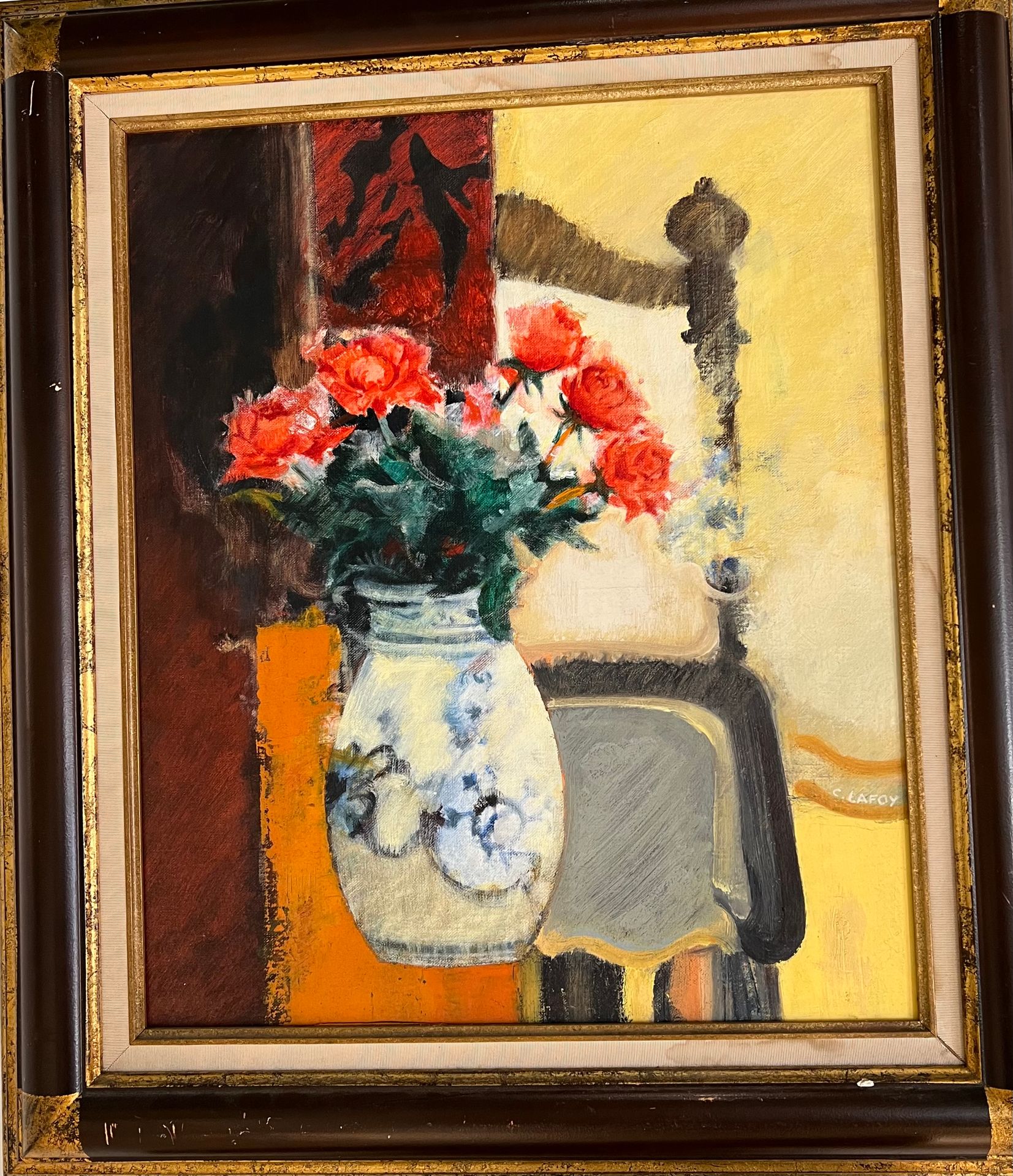 Null Claude LAFOY ( 1933). Bouquet de fleur sur une chaise. Huile sur toile sign&hellip;