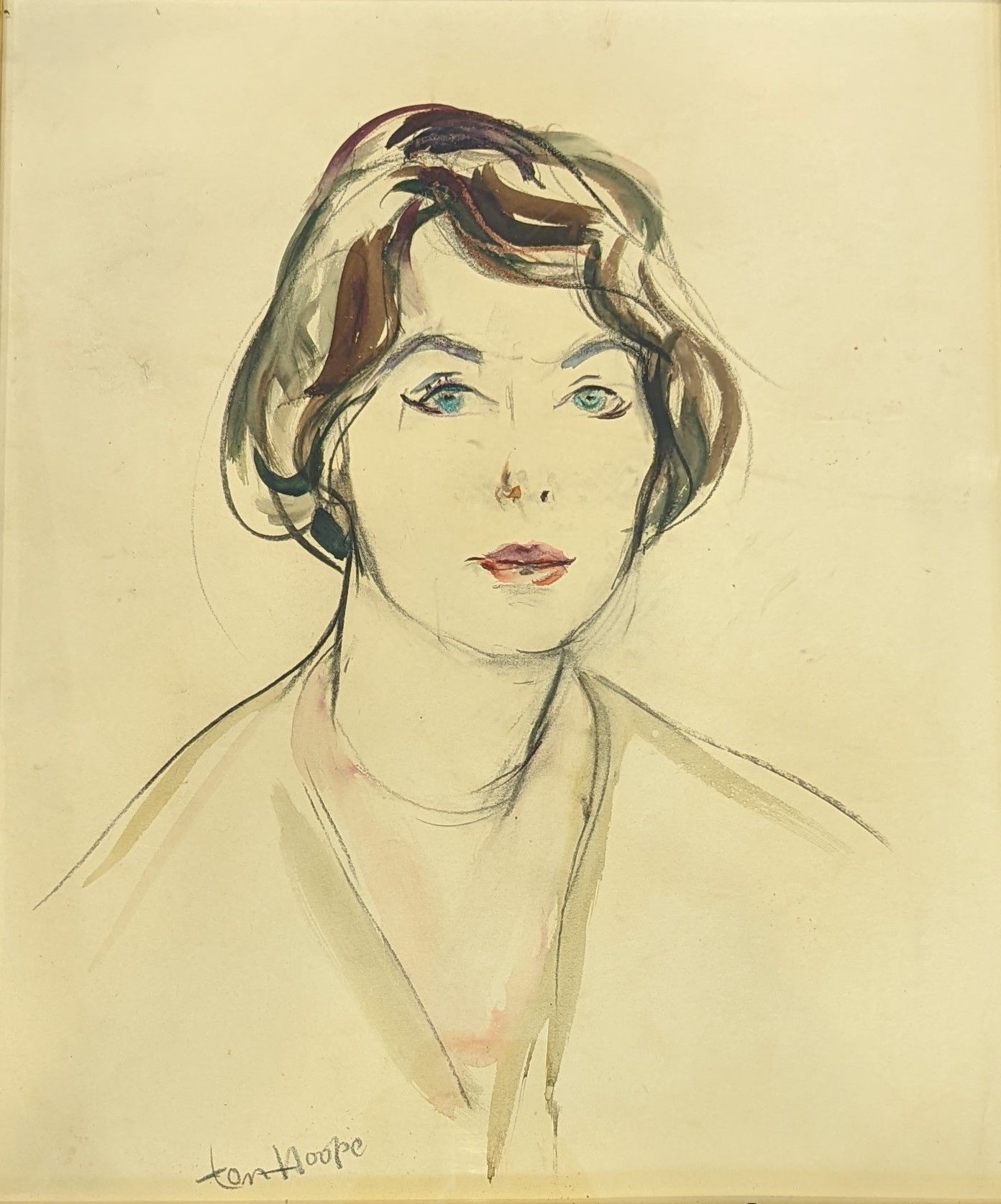 Null 鲍勃-腾霍普（1920-2014）。一个女人的画像。水彩画，中心下方有签名。54 x 45厘米。