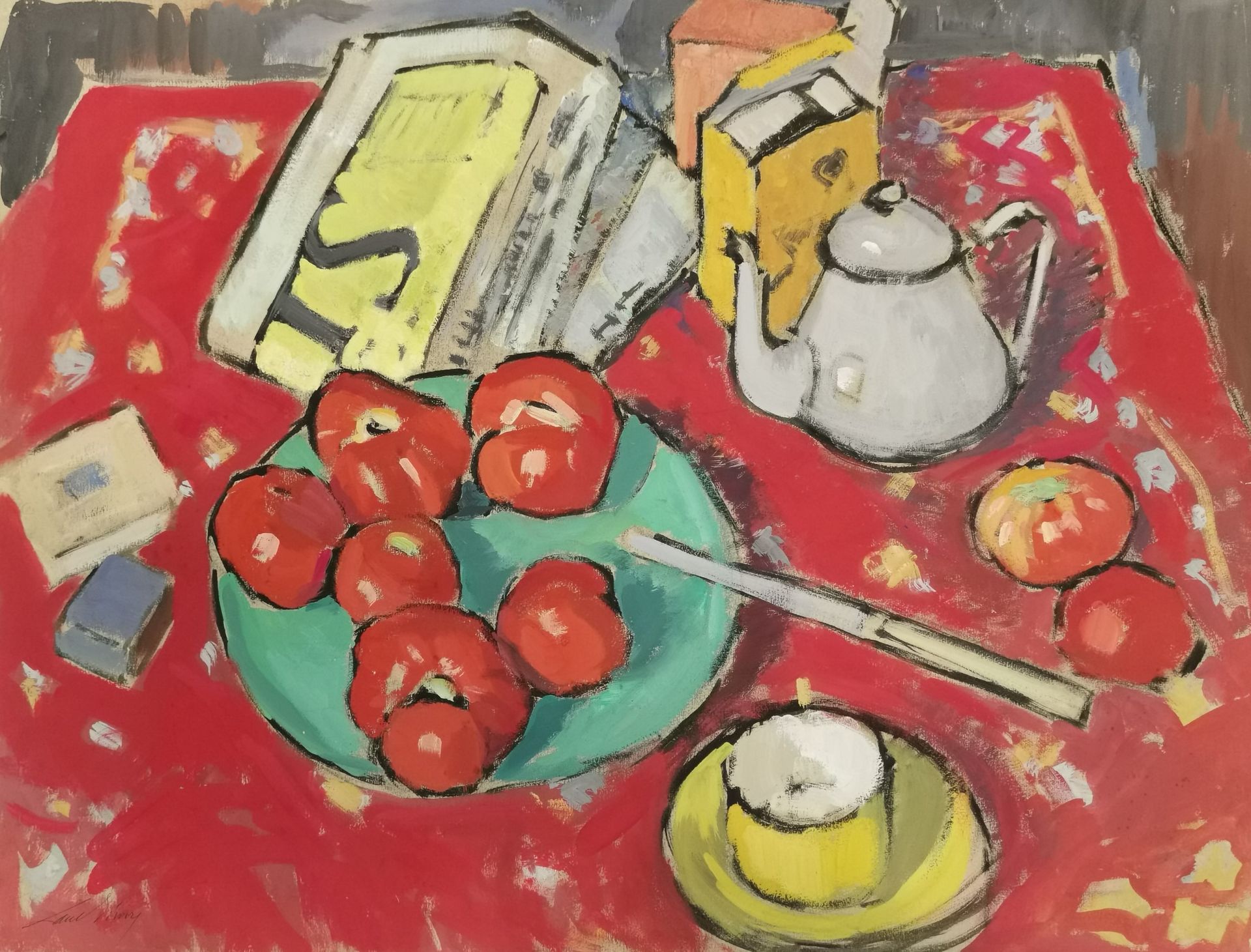 Null 保罗-里弗瓦尔（1902-1984）。绿盘子和西红柿的静物画。水粉画，左下角有签名。50 x 65厘米。