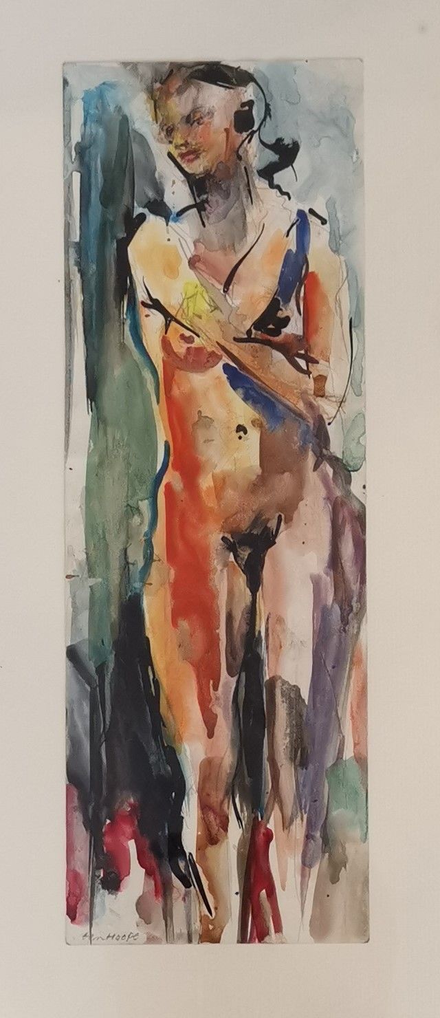 Null 鲍勃-腾霍普（1920-2014）。双手交叉的裸体。彩色墨水，左下角签名。29 x 10 cm。