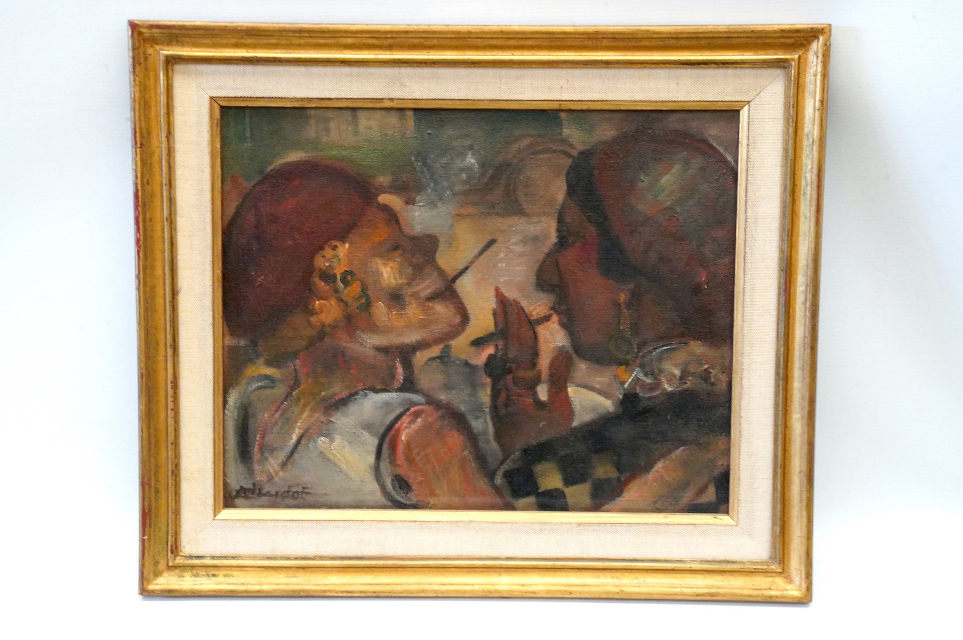 Null André CLAUDOT (1892-1982). Les fumeurs. Huile sur toile signée en bas à gau&hellip;