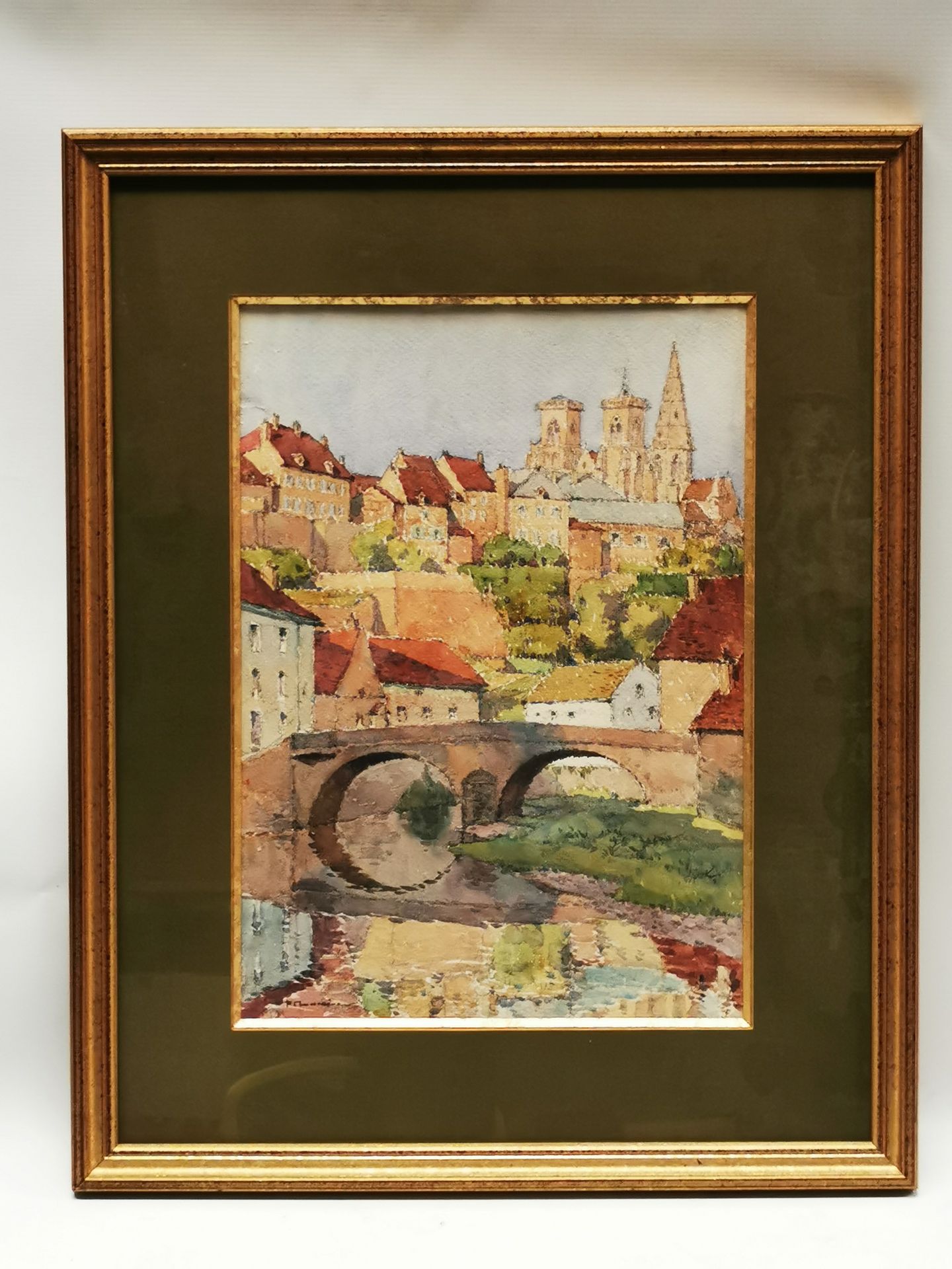 Null PAUL MONNIER（20世纪）。塞穆尔-昂-奥克斯的景色。水彩画，左下角有签名，44.5 x 31.5厘米。玻璃下的框架。