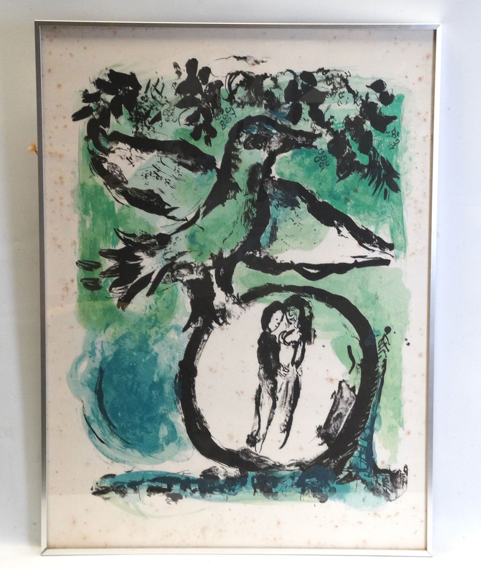 Null 马克-夏加尔（1887-1985）。那只绿色的鸟天鹅绒纸上的石版画。75 x 55厘米。有狐臭。