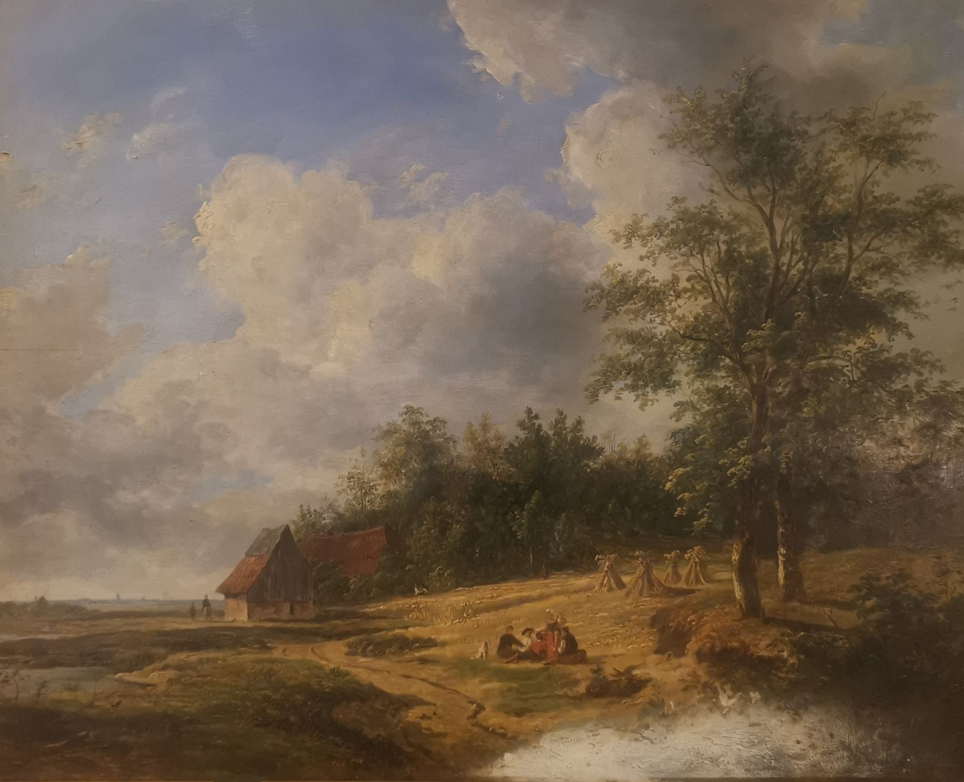 Null 皮埃尔-让-海勒曼斯（1787-1845），归属于。在路边打完干草后暂停一下。橡木板上的油画，右下角签名，部分褪色。Chancis。