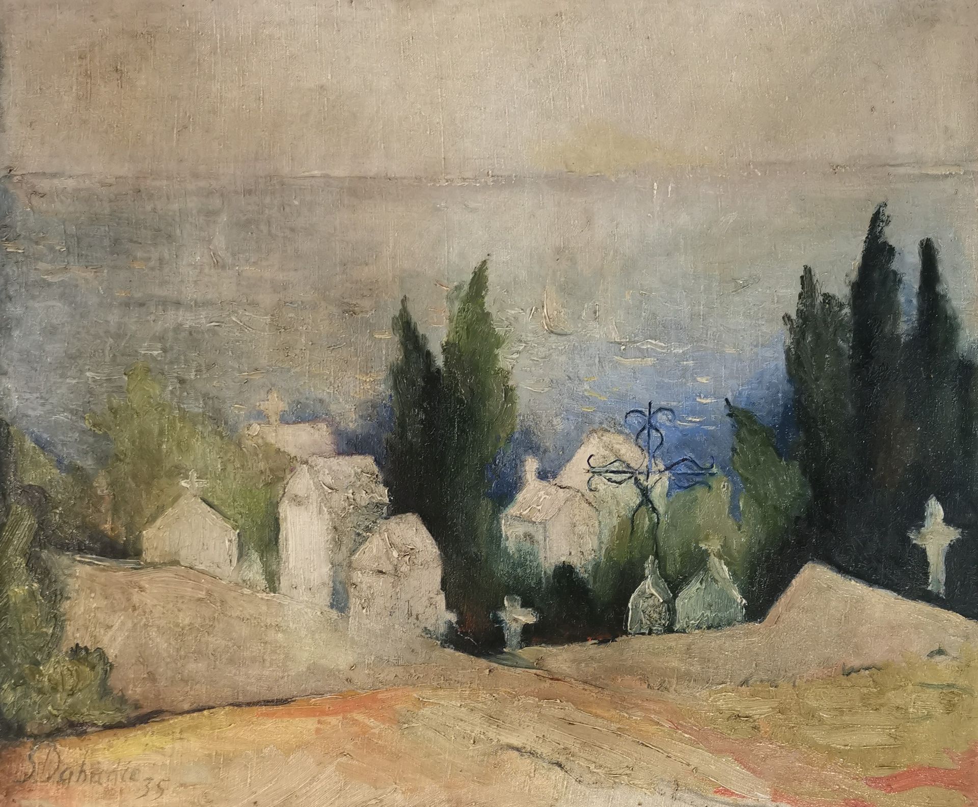 Null Henri DABADIE (1867-1949)。塞特的海洋公墓。布面油画，左下角签名，45,5 x 55厘米。