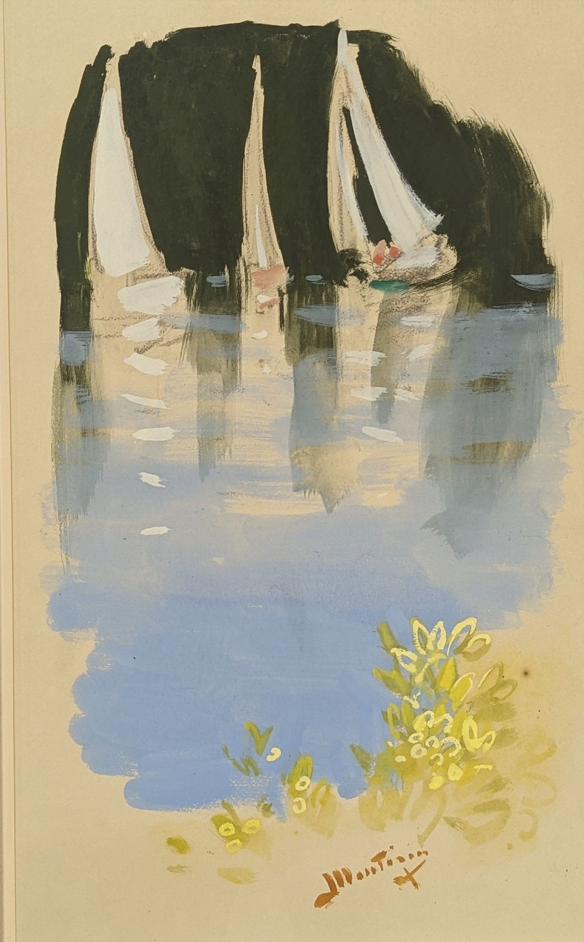 Null 皮埃尔-欧仁-蒙特赞（1874-1946）。白色的帆和黄色的花束。水粉画，右下方有签名。目测尺寸：42 x 26厘米。