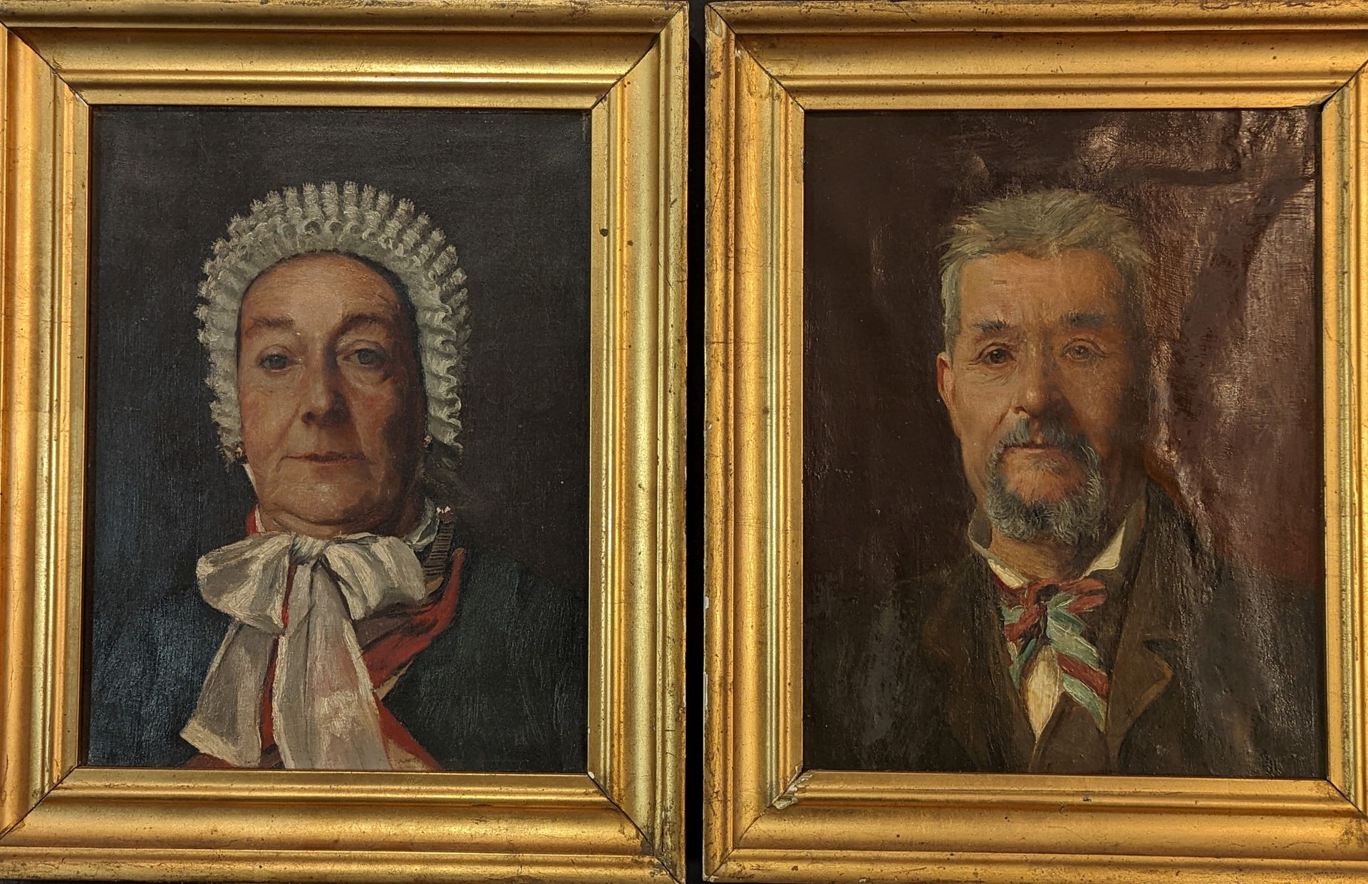 Null 保罗-萨伊恩（1853-1908），归属于。让-皮埃尔-普伊格和他妻子的画像。布面油画。34 x 26 cm。在男人的画像上装裱。
